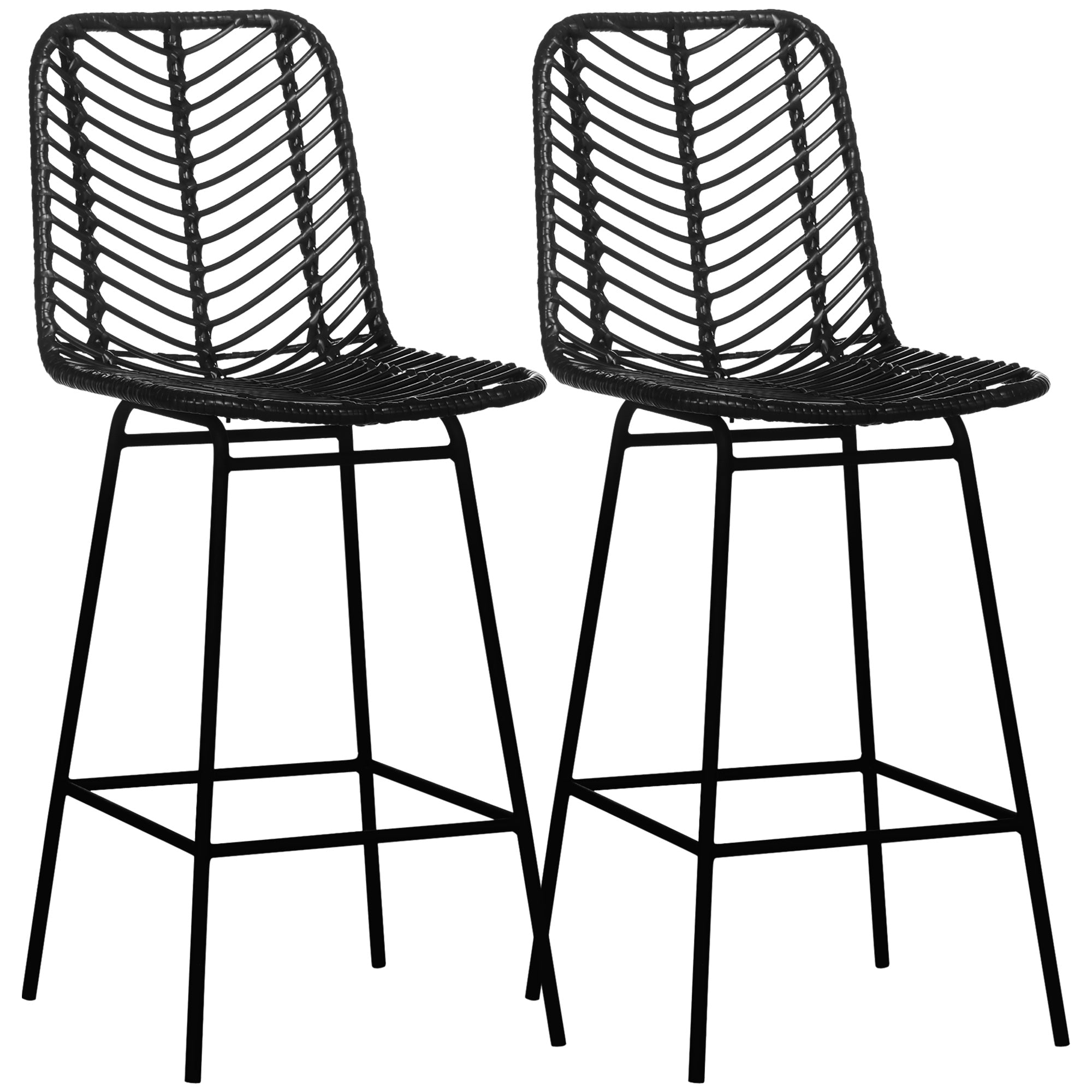 2er-Set Design-Barhocker im Boho-Stil, Höhe 66 cm, mit Fußstütze aus Metall und PE-Rattan – schwarz