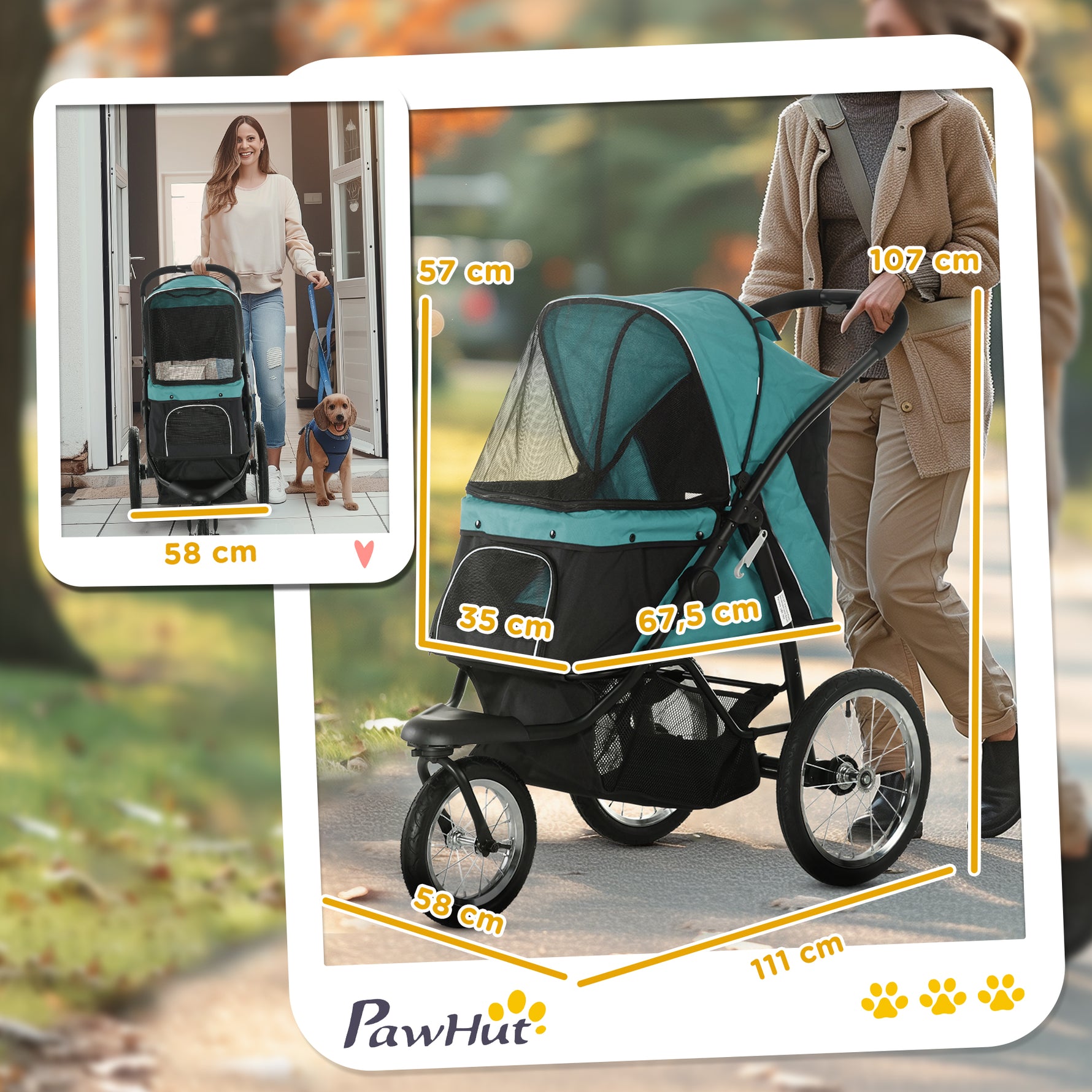 Poussette pour Chien Pliable Tout Terrain, Roue Avant Verrouillable, Coussin, Auvent Réglable, 111x58x107cm, Vert Foncé