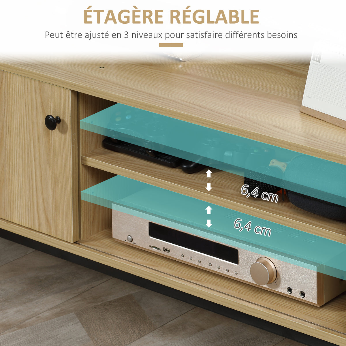 Meuble TV max. 50 pouces 3 compartiments 2 passe-câbles avec porte coulissante - dim. 120L x 39,5l x 46H cm