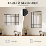Miroir mural verrière rectangulaire style fenêtre, horizontal ou vertical avec 4 crochets, en métal noir - 90x60 cm
