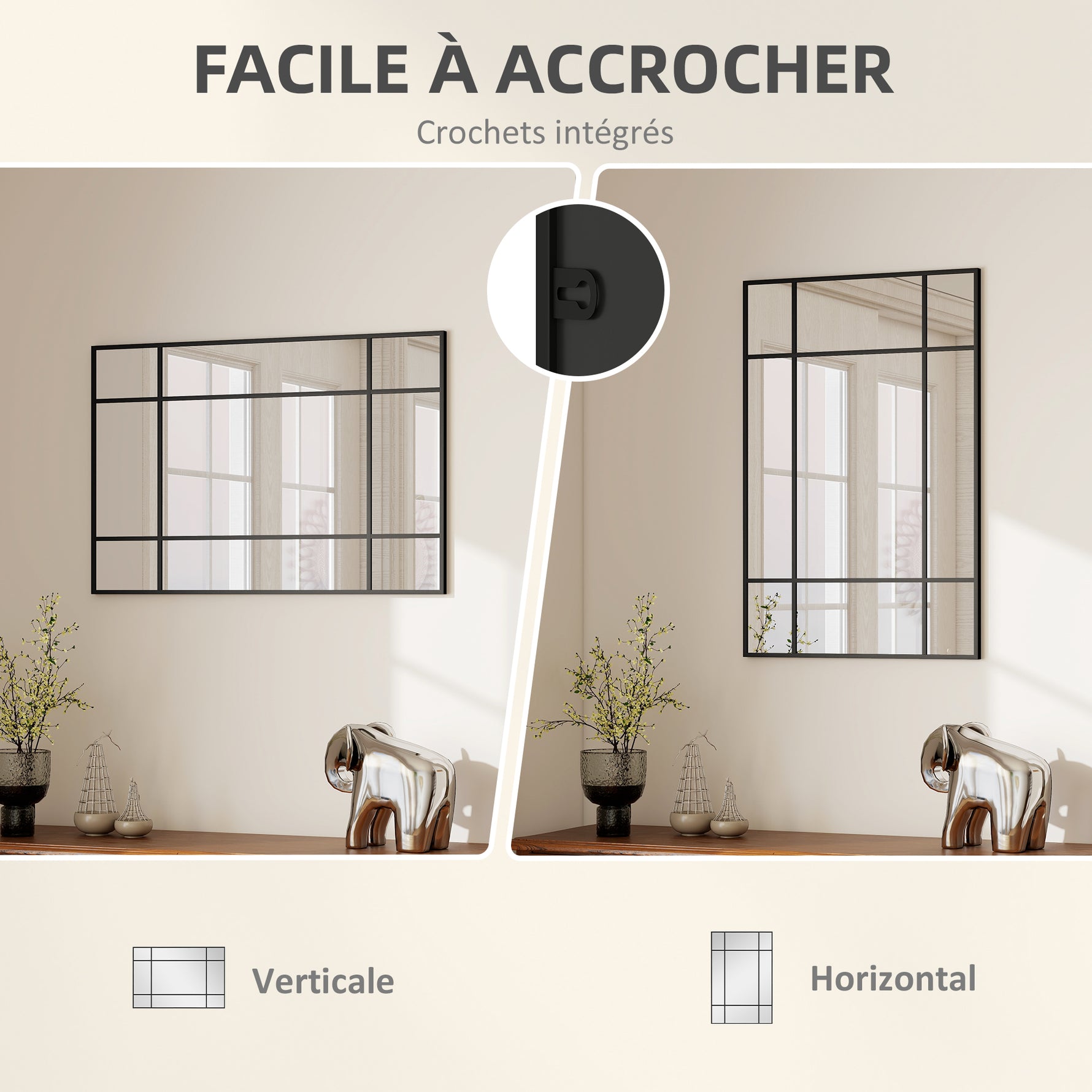 Miroir mural verrière rectangulaire style fenêtre, horizontal ou vertical avec 4 crochets, en métal noir - 90x60 cm