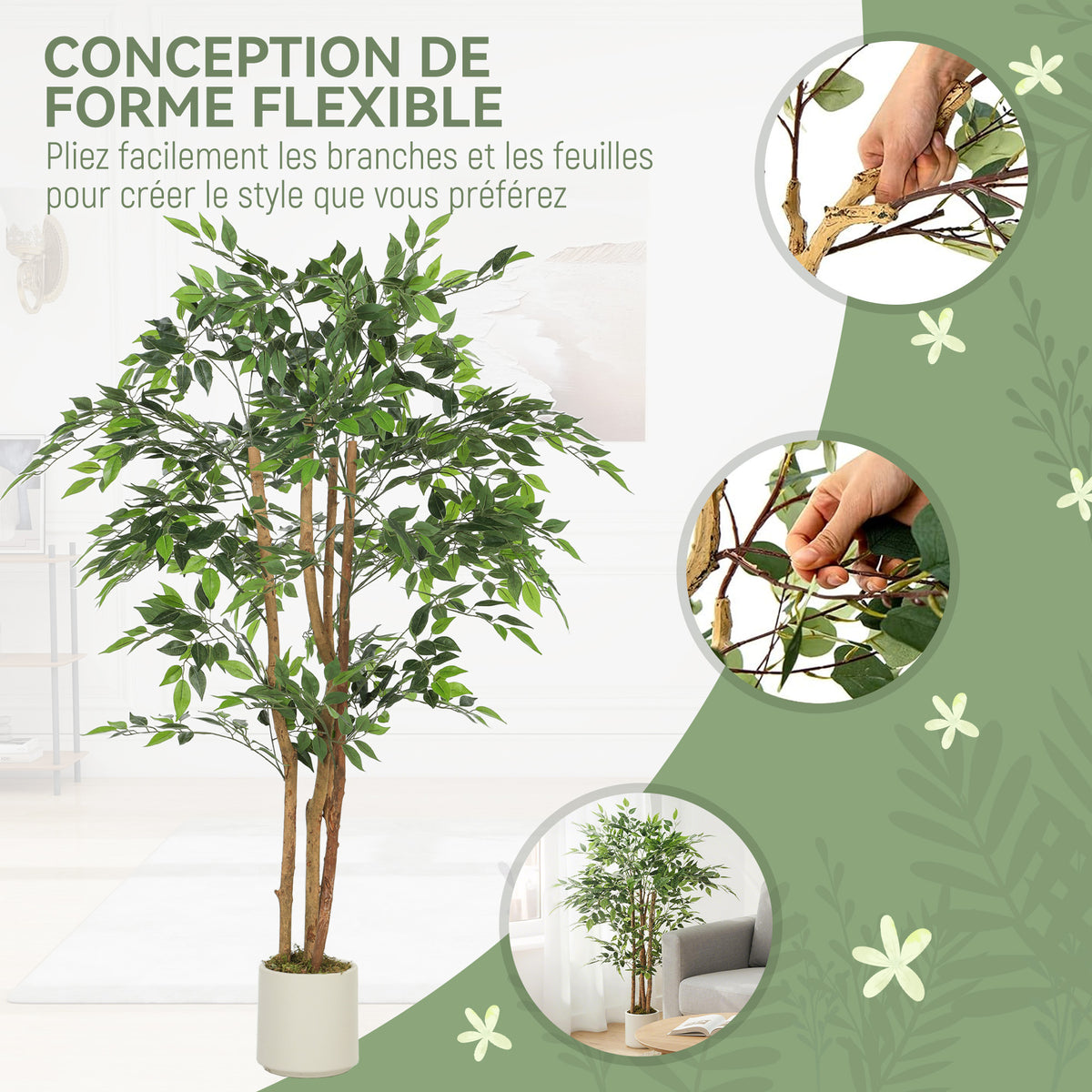Plante artificielle intérieure 150 cm banian arbre artificiel, pot en plastique et tronc en bois massif, vert