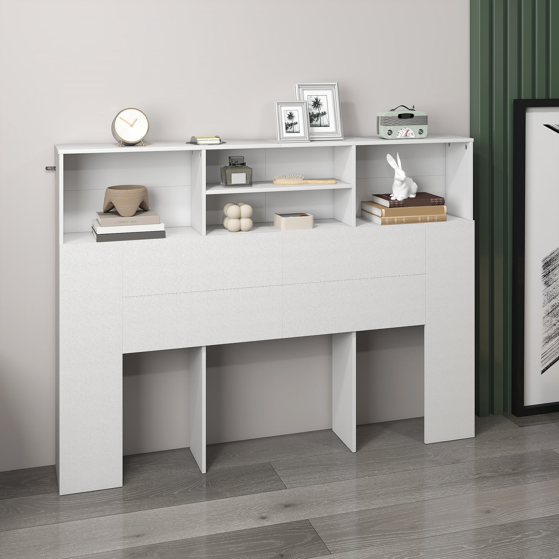 Tête de lit sur pied avec rangements, accessoire de lit 4 compartiments ouverts, 140 x 19 x 103,5 cm, blanc