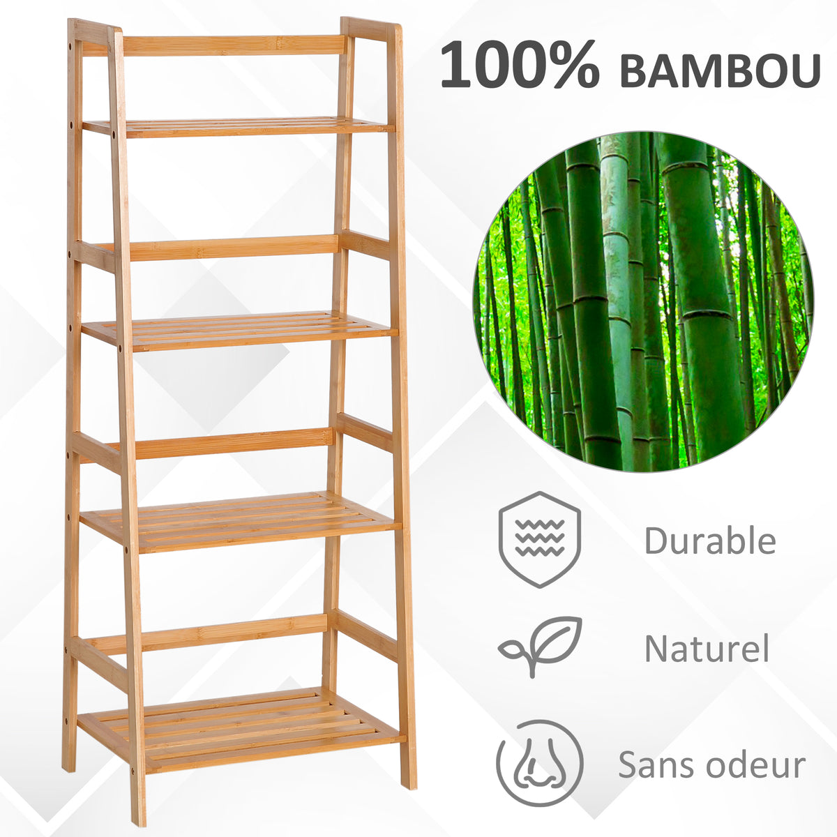 Etagère échelle en bambou 4 niveaux bibliothèque style naturel 48L x 31,5l x 120H cm