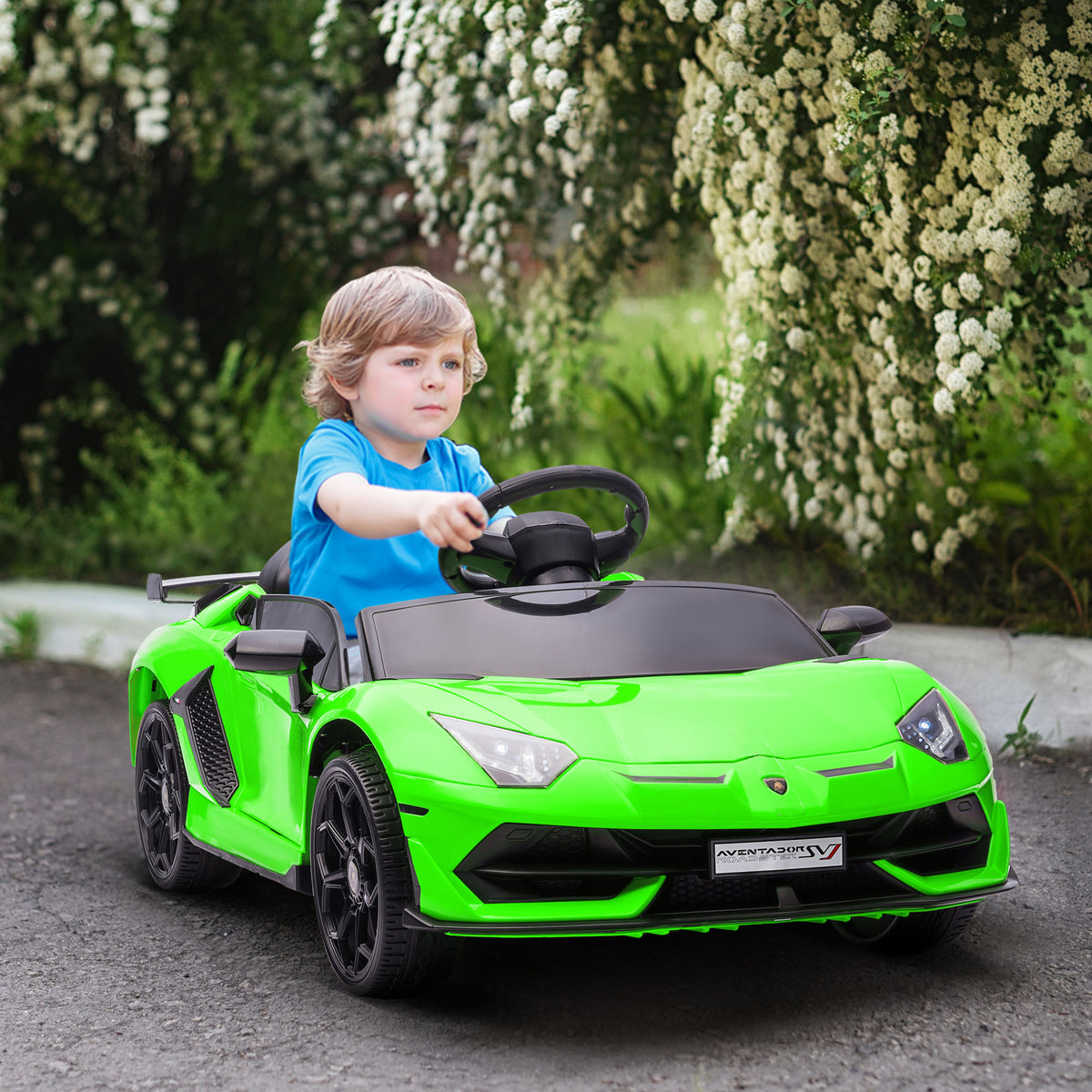 Elektroauto für Kinder, lizenziert Lamborghini Aventador SVJ 12V mit Flügeltüren, Fernbedienung, 3-5 km/h, grün