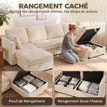 Canapé 4 Places avec 2 Poufs de Rangement, Canapé d'Angle Modulable en U 306 cm en Velours Côtelé, 4 Coussins, Crème