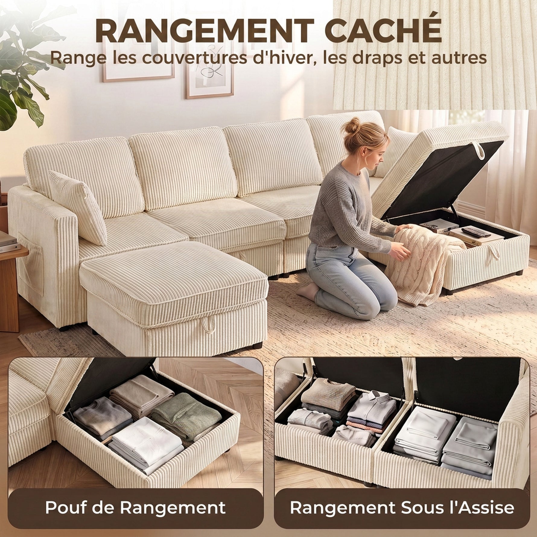 Canapé 4 Places avec 2 Poufs de Rangement, Canapé d'Angle Modulable en U 306 cm en Velours Côtelé, 4 Coussins, Crème