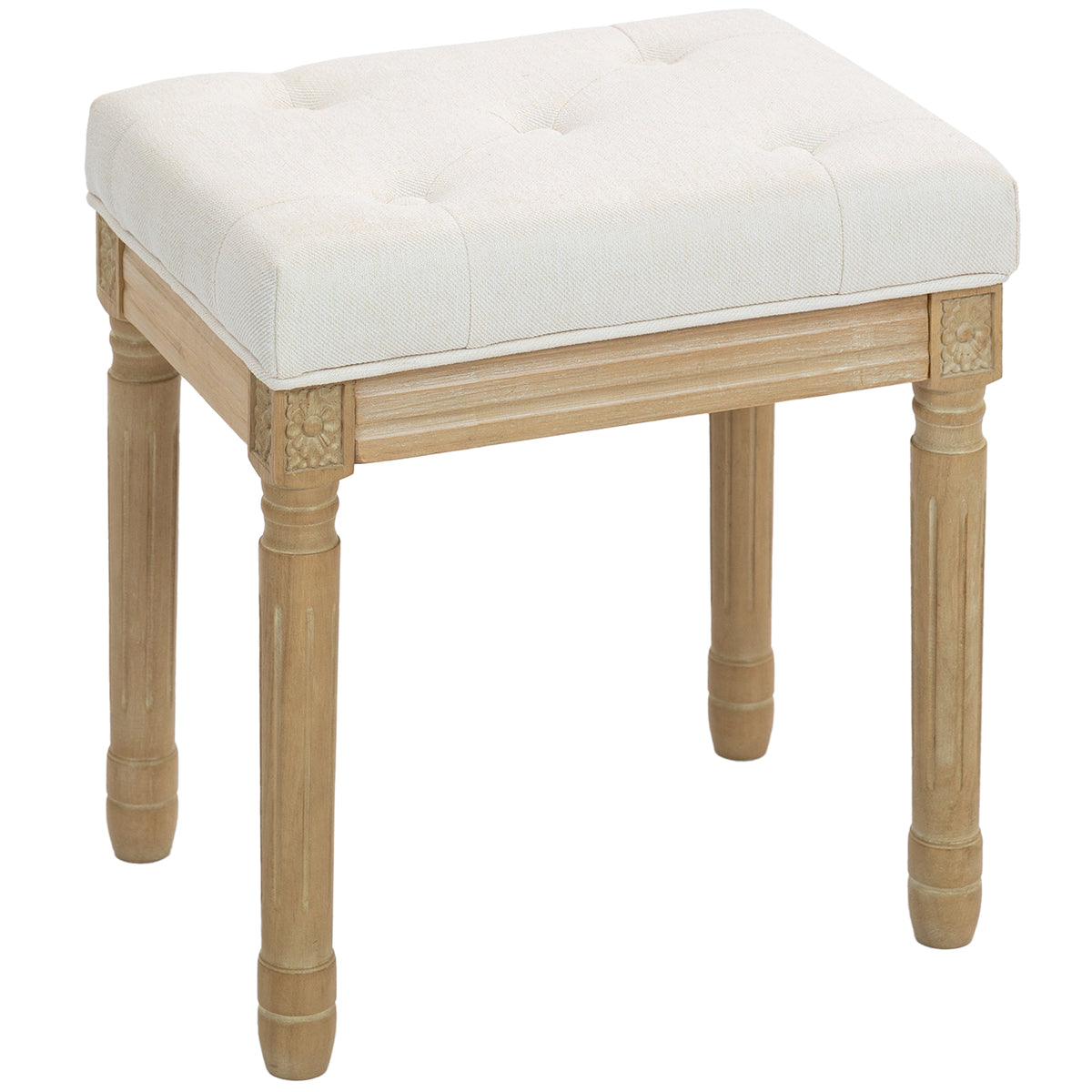 Voetenbank voor woonkamer, hocker, gestoffeerde zitting met linnenlook en poten van rubberhout, 42 x 32 x 46,5 cm, beige