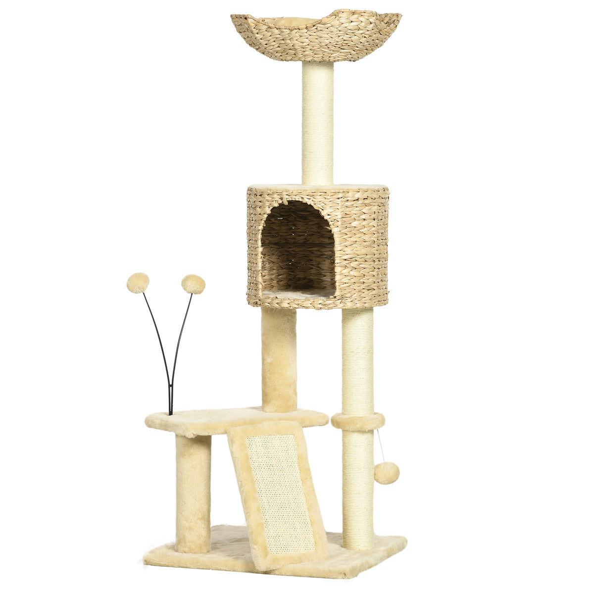 Arbre à chat hauteur 116 cm niche panier plateformes pompons en peluche et jacinthe d'eau - beige