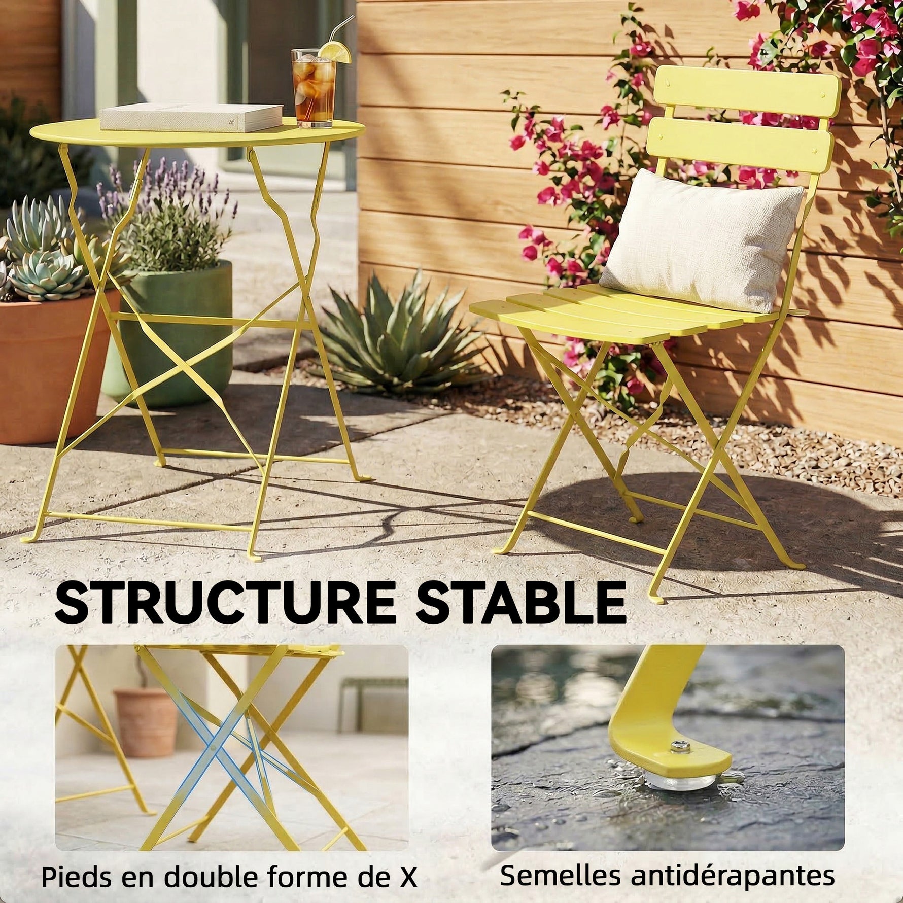 Ensemble Bistrot de Jardin 3 Pièces Table et 2 Chaises Pliantes à Lattes Double Protection Antirouille Jaune