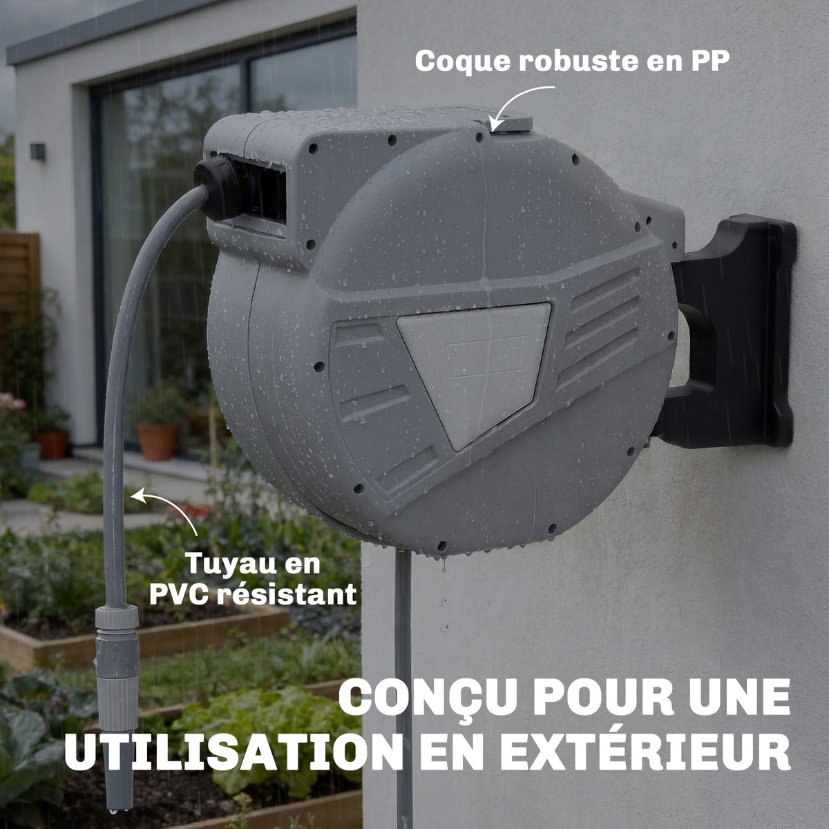 Enrouleur Tuyau Arrosage Mural 40+2 m x Ø 15mm, Dévidoir de Tuyaux d'Eau Rétractable Automatique Pivotant à 180°, Gris