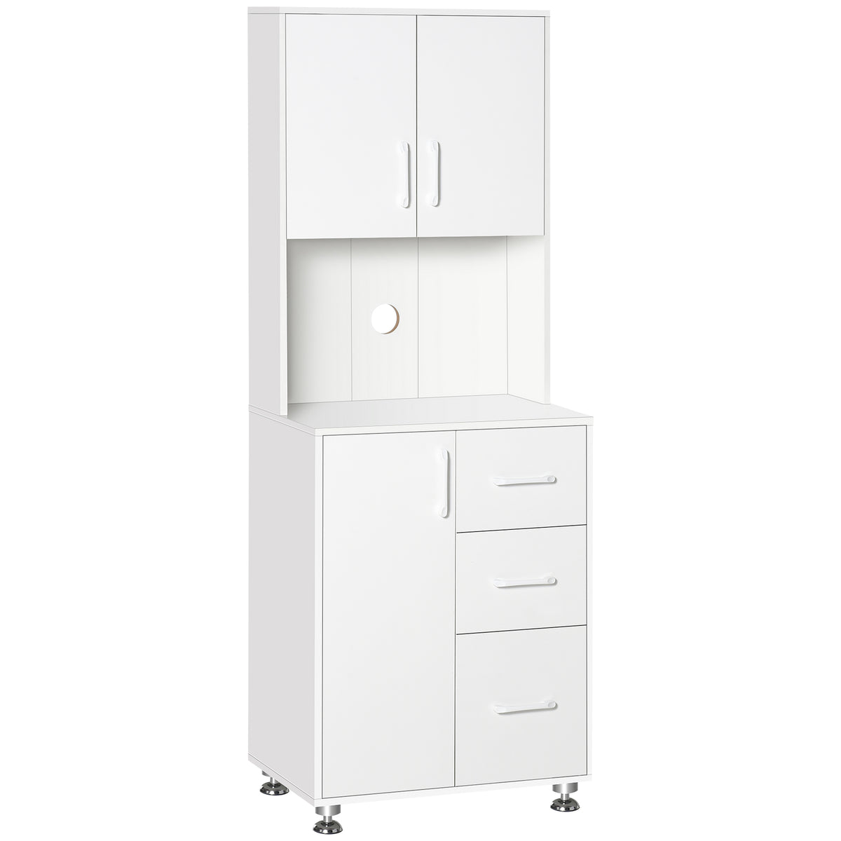 Buffet haut cuisine, armoire de cuisine avec 3 portes, 3 tiroirs et plan de travail, 60 x 40 x 160 cm, blanc