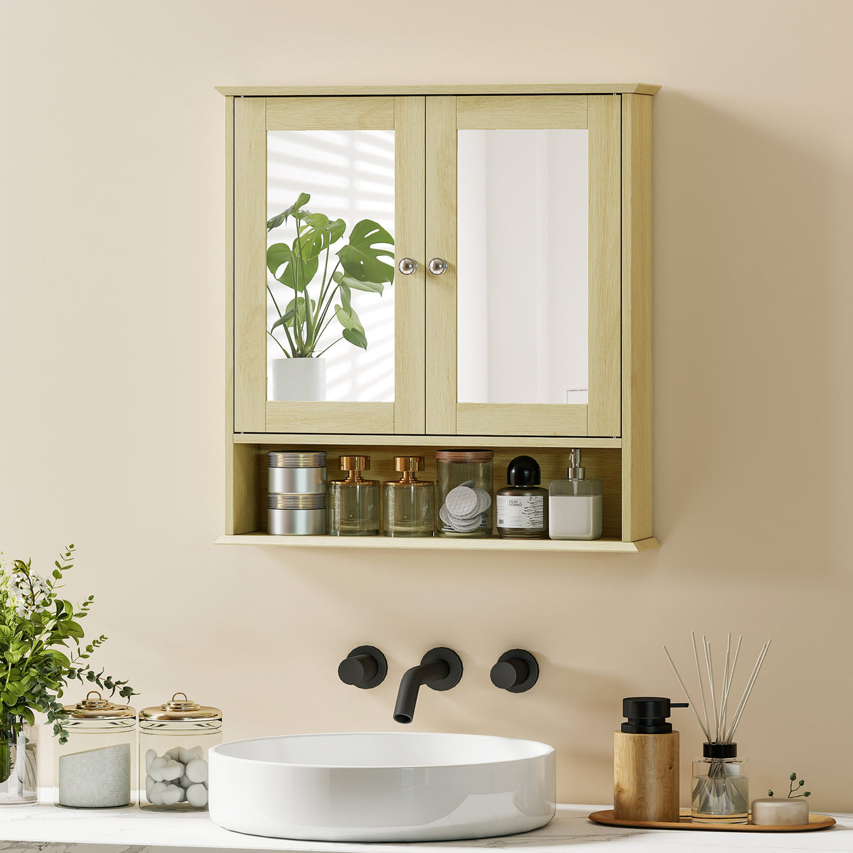 Armoire murale salle de bain avec miroir, 56 x 13 x 58 cm, meuble salle de bain avec Portes Miroir Doubles Bois Naturel