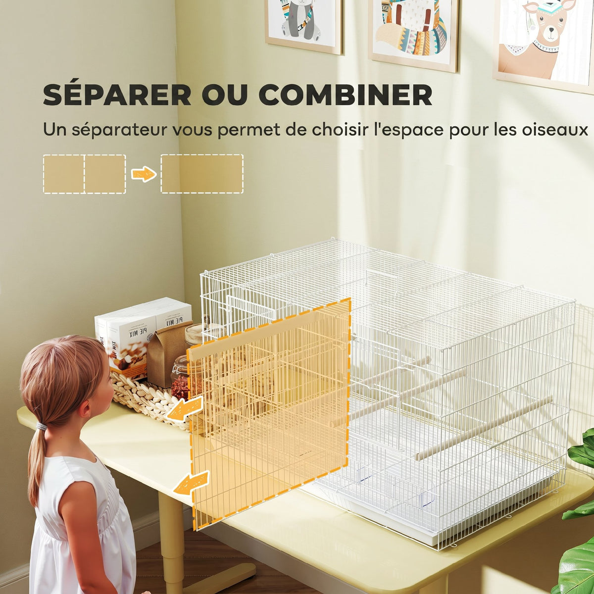 Cage à Oiseaux Volière Intérieur Acier avec Séparateur, 4 Perchoirs, Plateau Coulissant, 4 Mangeoires, 76x46x46cm, Blanc