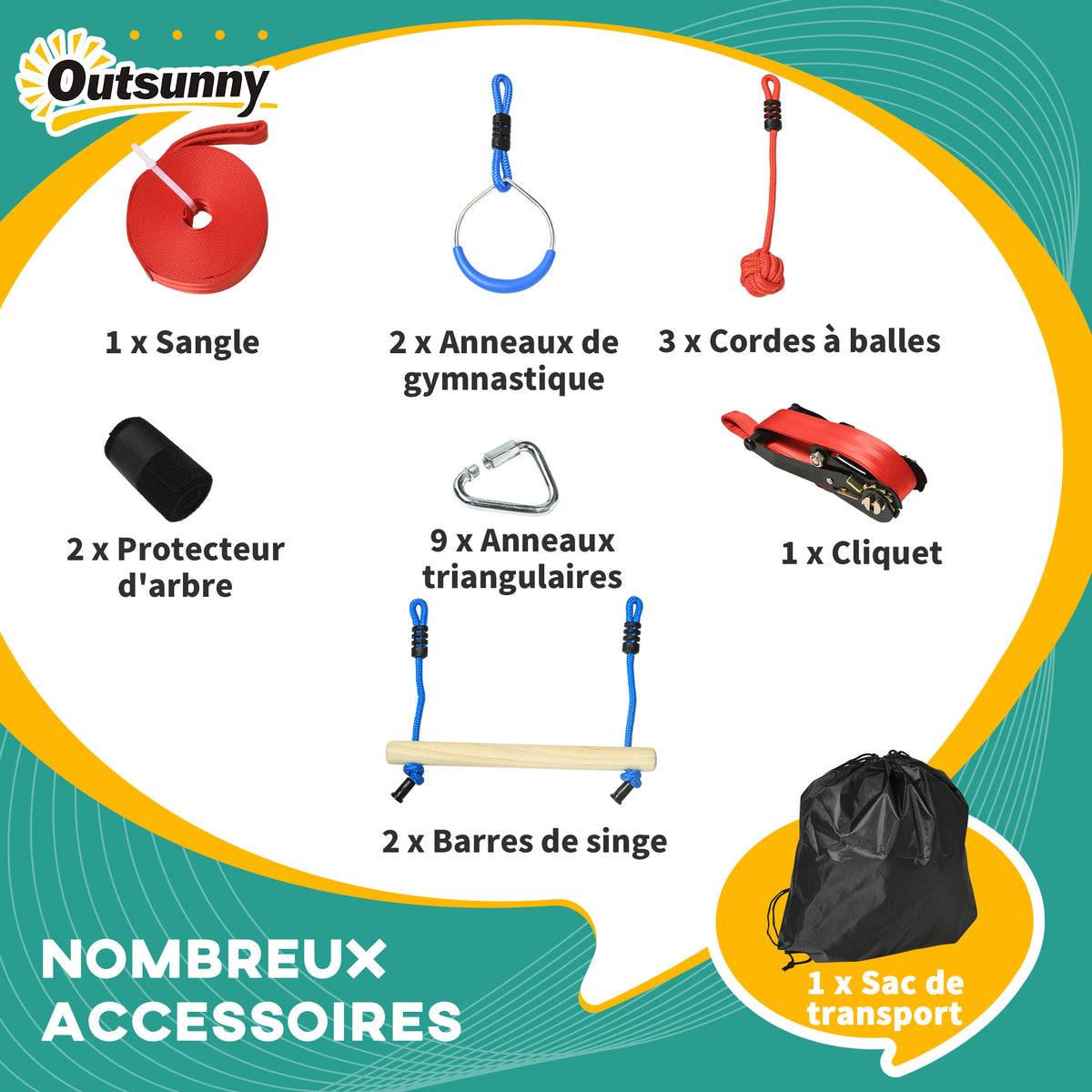 Percorso a ostacoli ninja per bambini, 30 accessori e borsa per il trasporto, 10 m di slackline blu nero rosso
