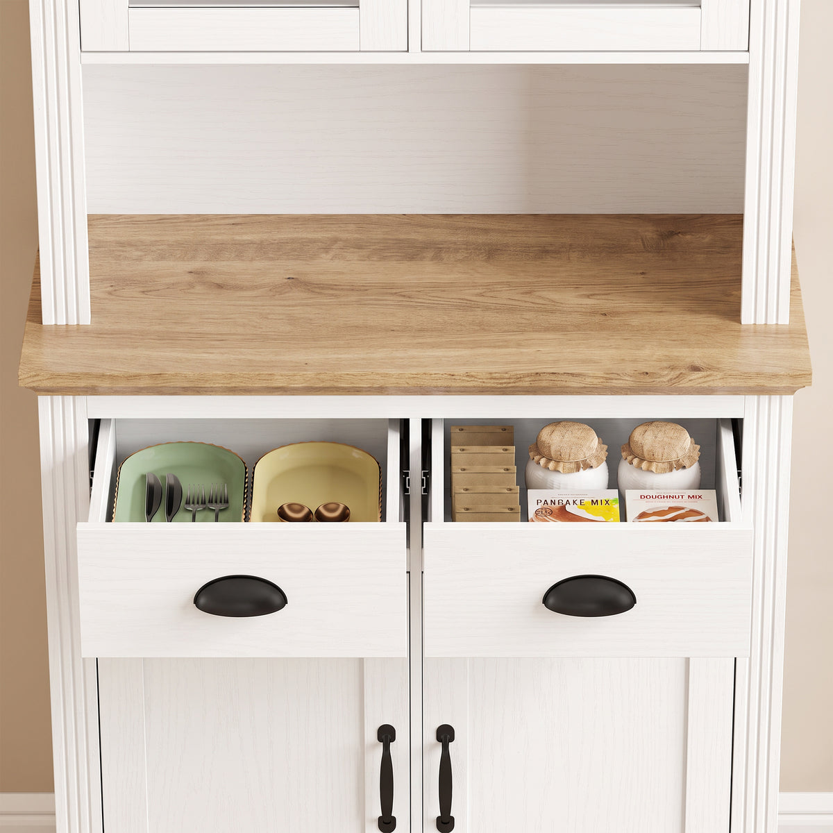 Buffet Haut Cuisine, Armoire Cuisine, 4 Portes dont 2 en Verre, 2 Tiroirs, Plan de Travail, Étagères Réglables, Blanc