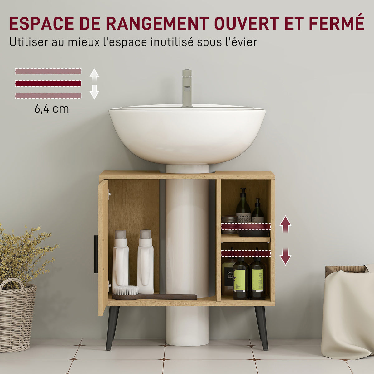 Meuble sous lavabo salle de bain avec porte à fermeture progressive et étagère réglable, 60 x 30 x 59,5 cm, chêne