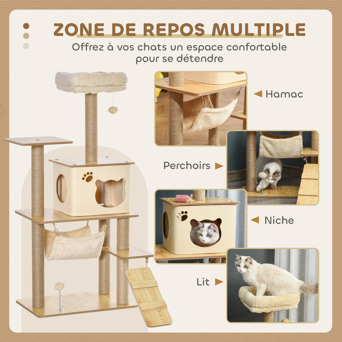 Krabpaal speeltoren voor katten, plateaus, huisje, bed, hangmat, ladder en krabpalen van jute 60x40x130cm geel