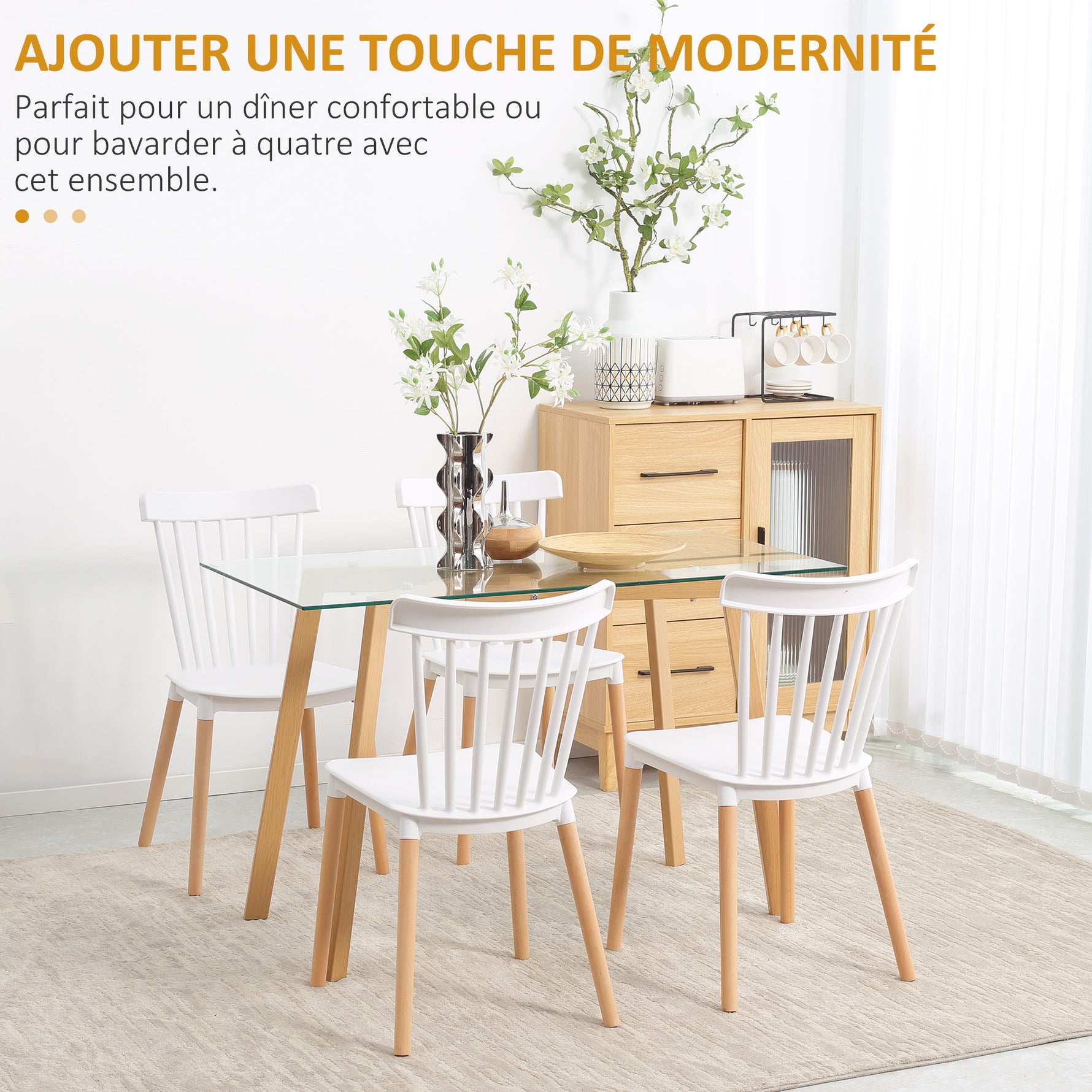 Lot de 4 chaises style scandinave dossier haut assise en polypropylène pieds en hêtre 48 x 52,5 x 83 cm blanc