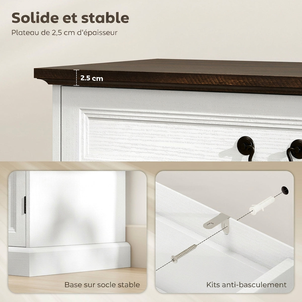 Credenza da soggiorno, mobile contenitore con 2 ante, cassetto silenzioso, ripiano regolabile, 80x40x85cm, bianco e marrone