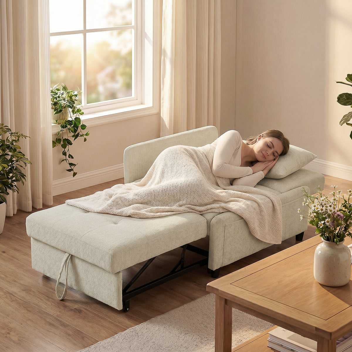Poltrona Convertibile 1 Posto, Poltrona Letto Clic-Clac 4 in 1 Imbottita in Ciniglia, Schienale Regolabile, Seduta Ampia, Beige