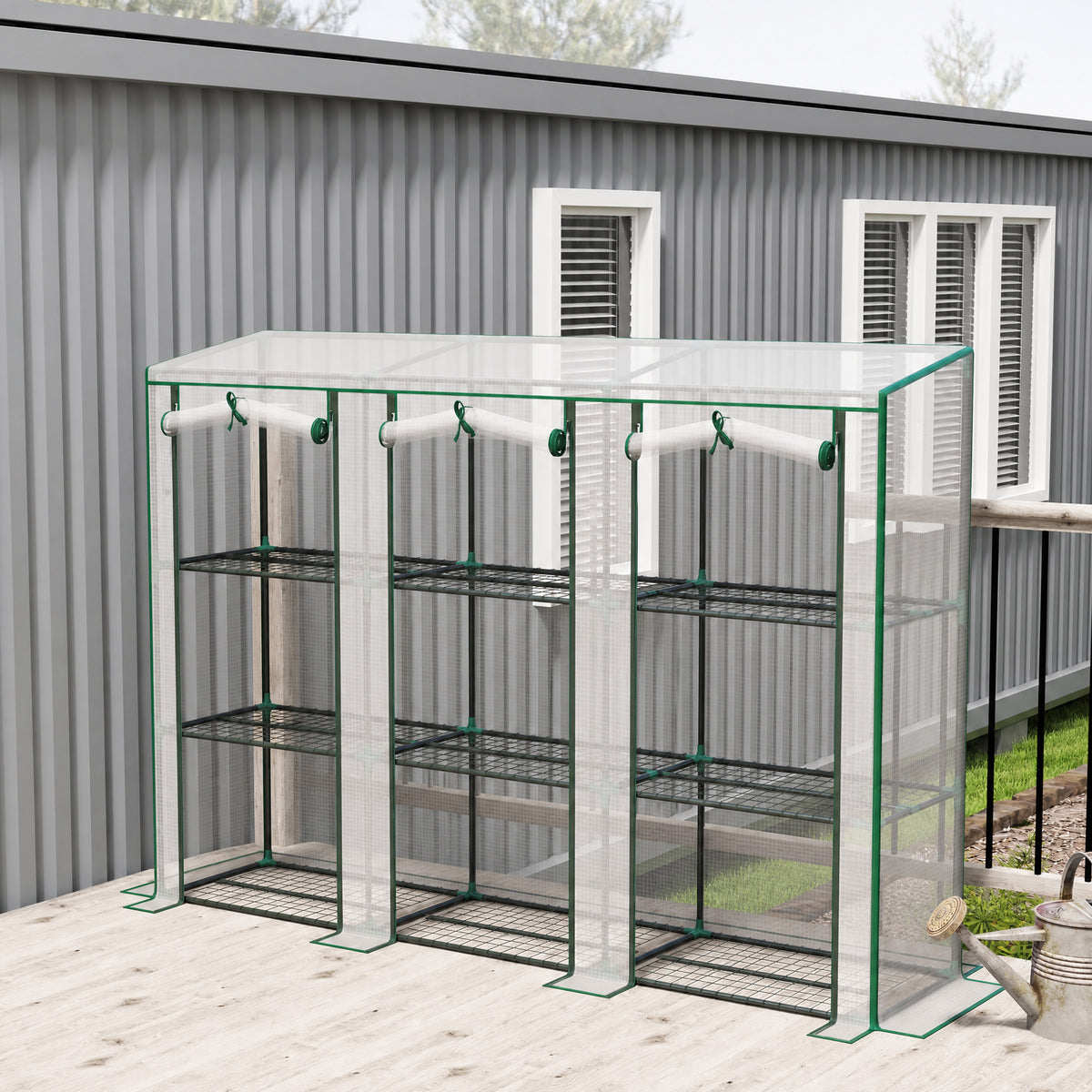 Serre de jardin avec étagères à 3 niveaux serre de balcon 3 portes enroulables zippées 215 x 46 x 151 cm blanc