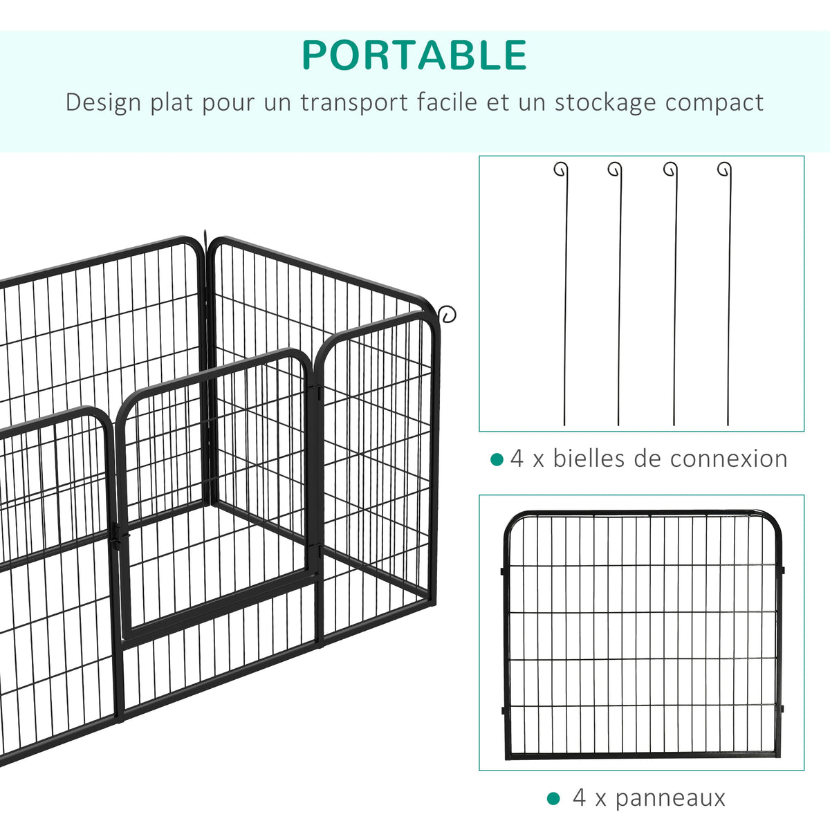 Luxe parc enclos modulable acier 4 panneaux et 1 porte pour chiens, lapins, rongeurs, petits animaux, intérieur et extérieur 125L x 70H cm noir