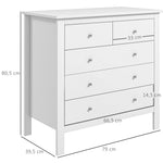 Commode à 5 tiroirs, meuble de rangement, avec poignées, glissières métalliques,  en bois, 79l x 39,5P x 80,5H cm, blanc