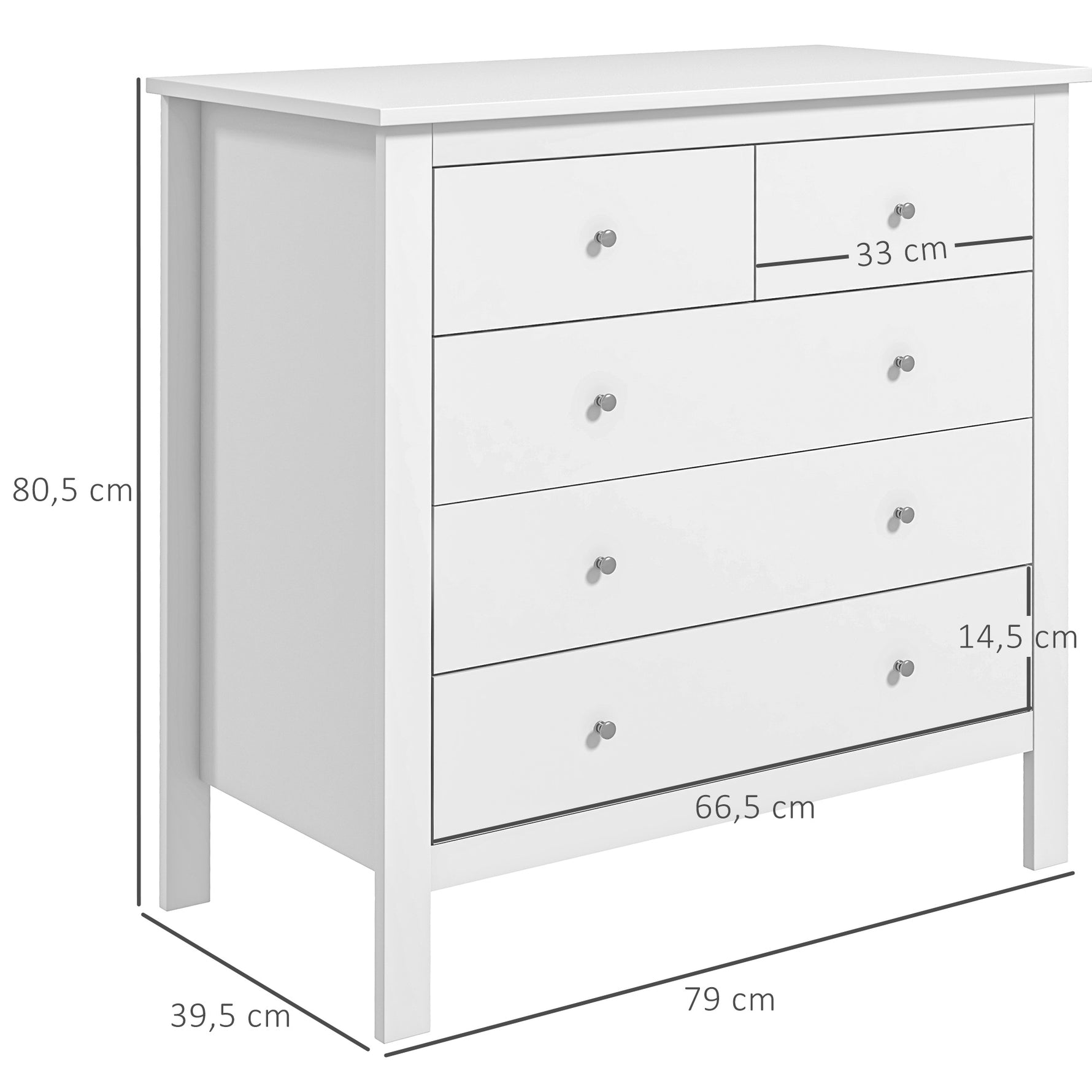 Commode à 5 tiroirs, meuble de rangement, avec poignées, glissières métalliques,  en bois, 79l x 39,5P x 80,5H cm, blanc