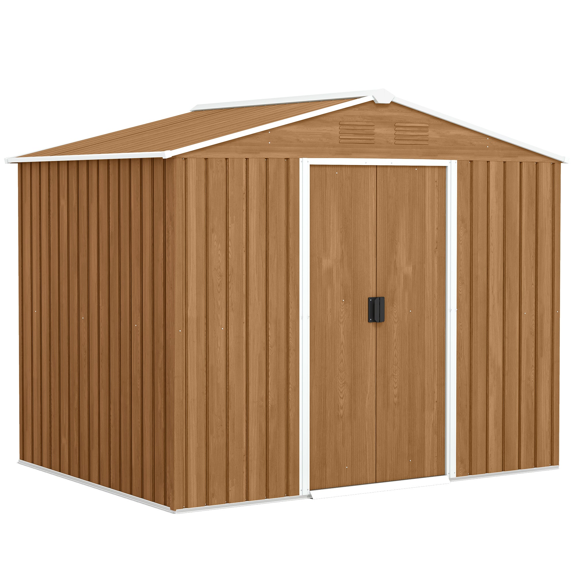 Abri de Jardin en Acier 3,6 m² Toit Incliné 4 Aérations Portes Coulissantes Verrouillables 236x171x191cm, Marron Foncé
