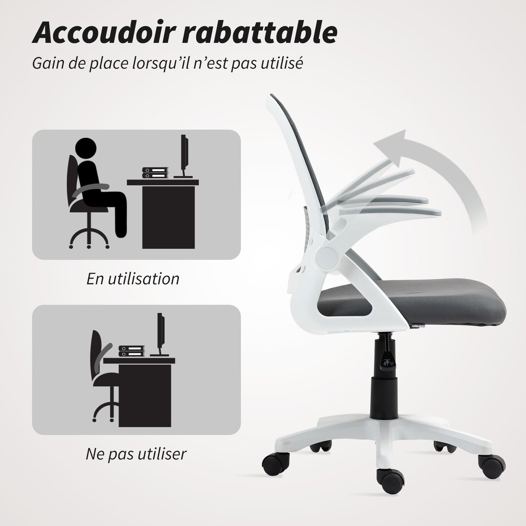 Chaise bureau ergonomique, fauteuil de bureau en maille avec accoudoirs relevables, hauteur réglable, gris