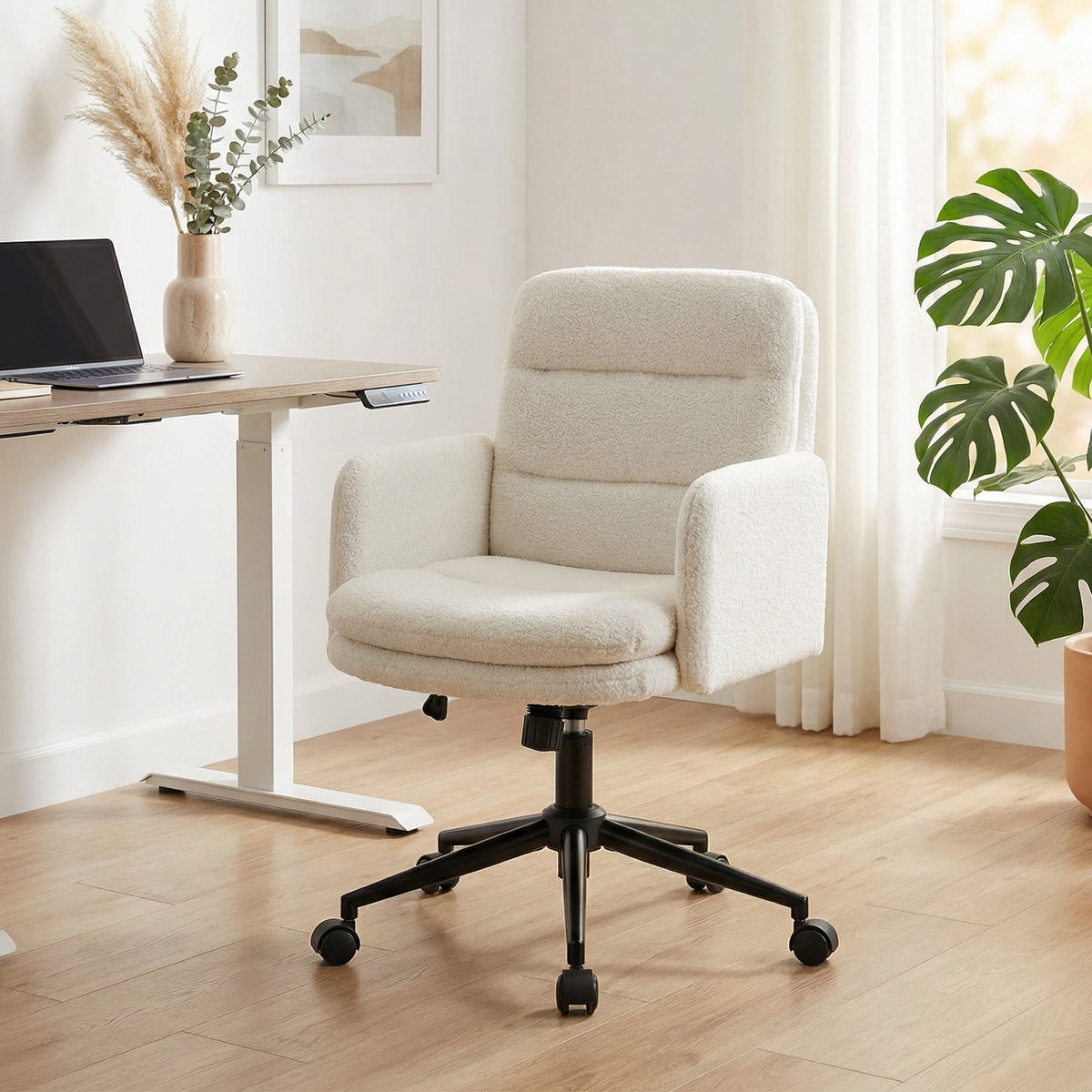 Chaise de bureau, fauteuil de bureau pivotante avec hauteur réglable, fonction de bascule, 61,5 x 65 x 91-101 cm, crème
