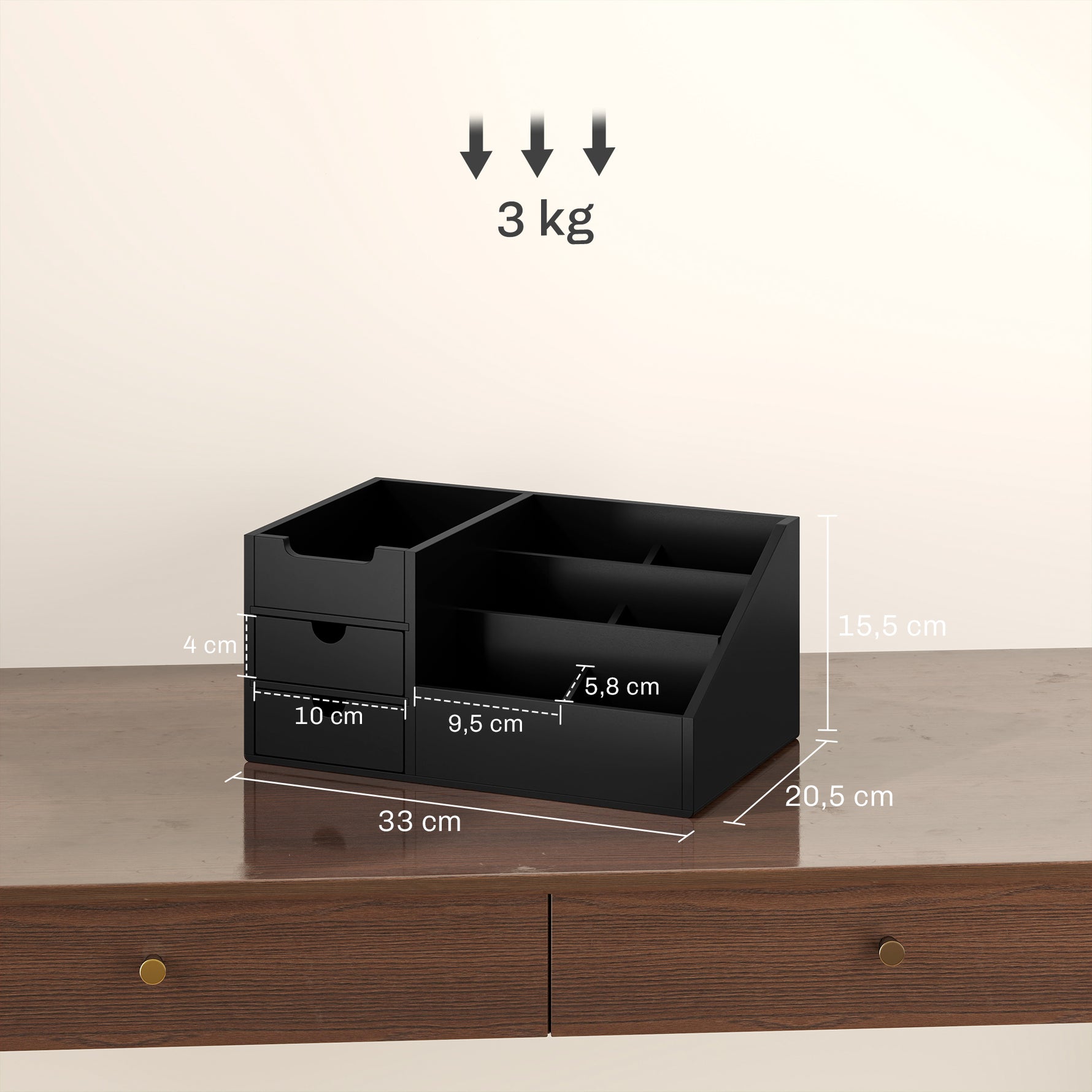 Boite de Rangement de Bureau - Organiseur de Bureau - 7 Compartiments, 2 tiroirs - Bambou Verni Noir