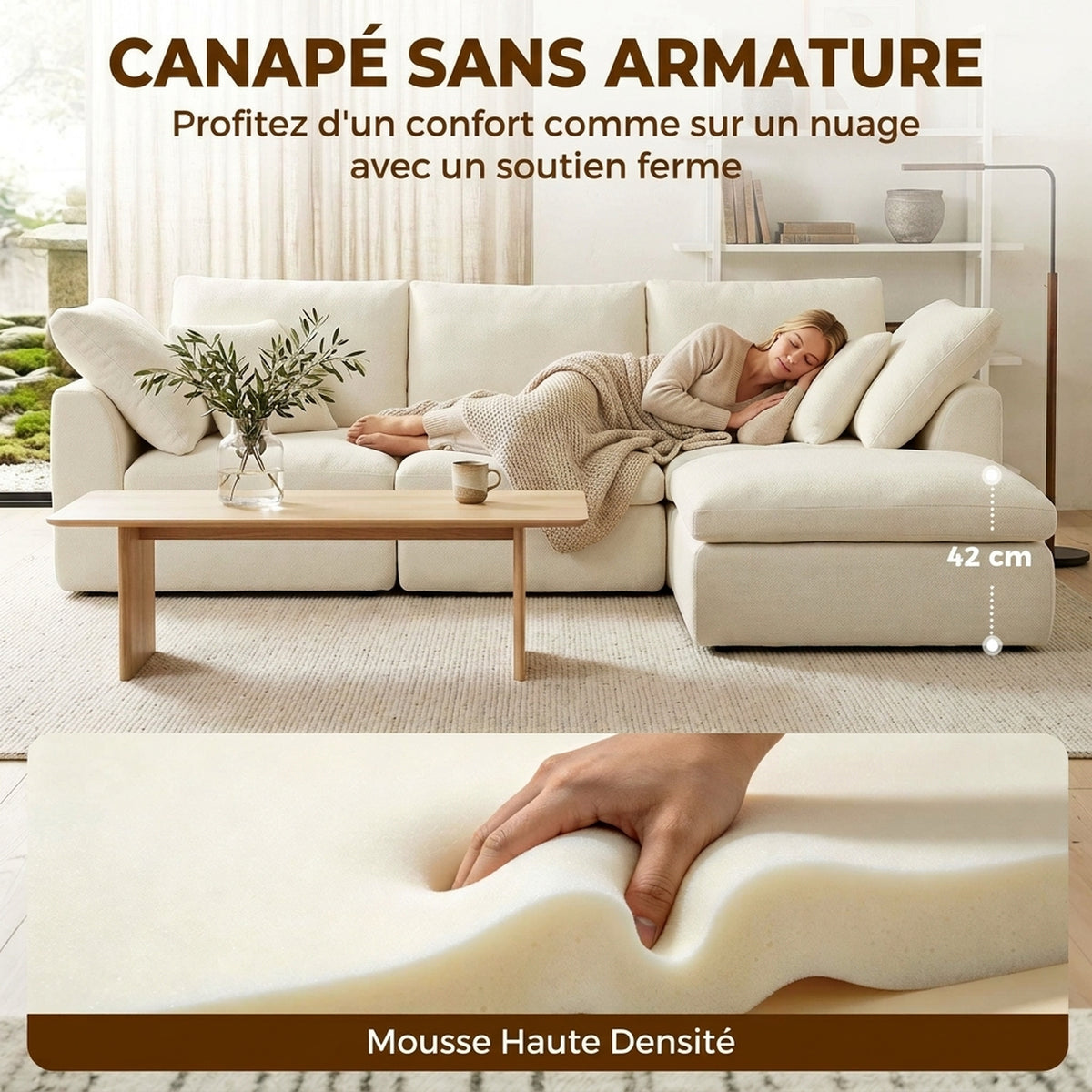 Canapé 3 Places avec Pouf Réversible, Canapé d'Angle Modulable en Chenille 254 cm Moderne, Assise Large, Crème-4