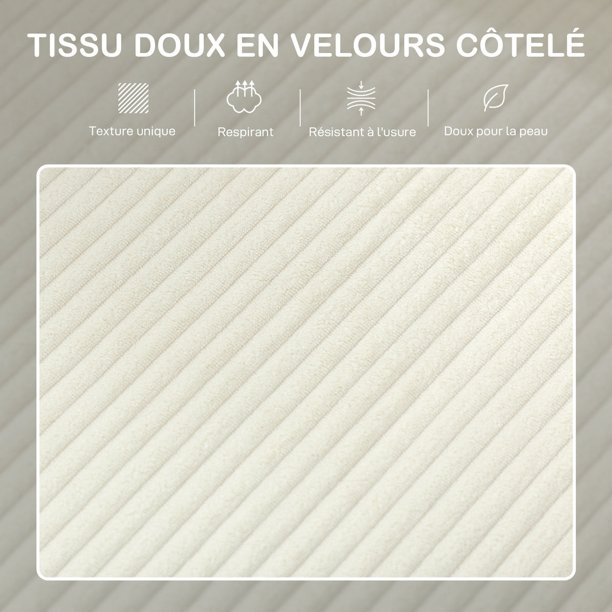 Canapé 3 places en velours côtelé, canapé avec coussins à ressorts et assise rembourré, 192x80x84,5cm, beige-4