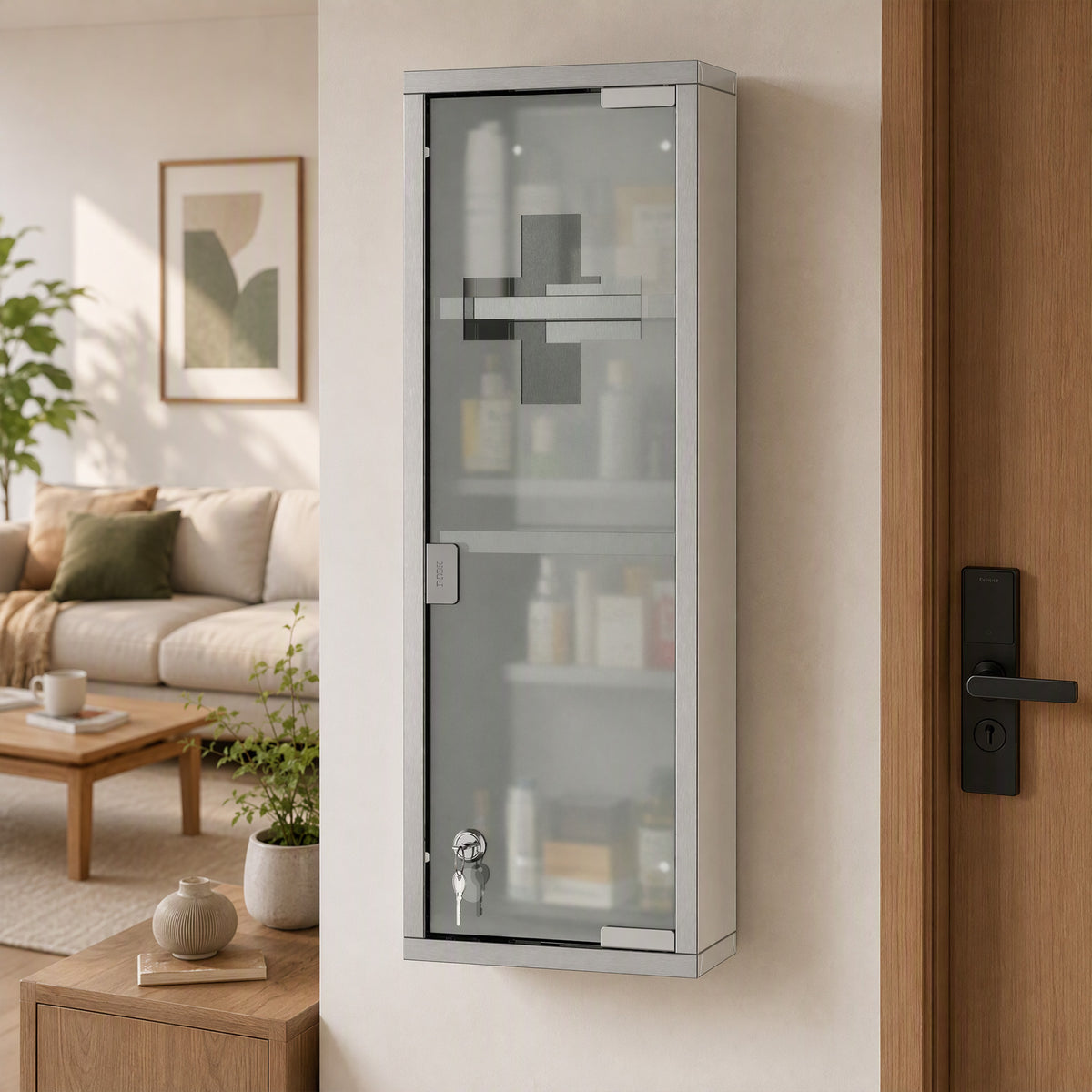 Armoire à Pharmacie 2 étagères 3 Niveaux 20L x 12l x 58H cm Porte Verre trempé Symbole Croix Acier INOX.