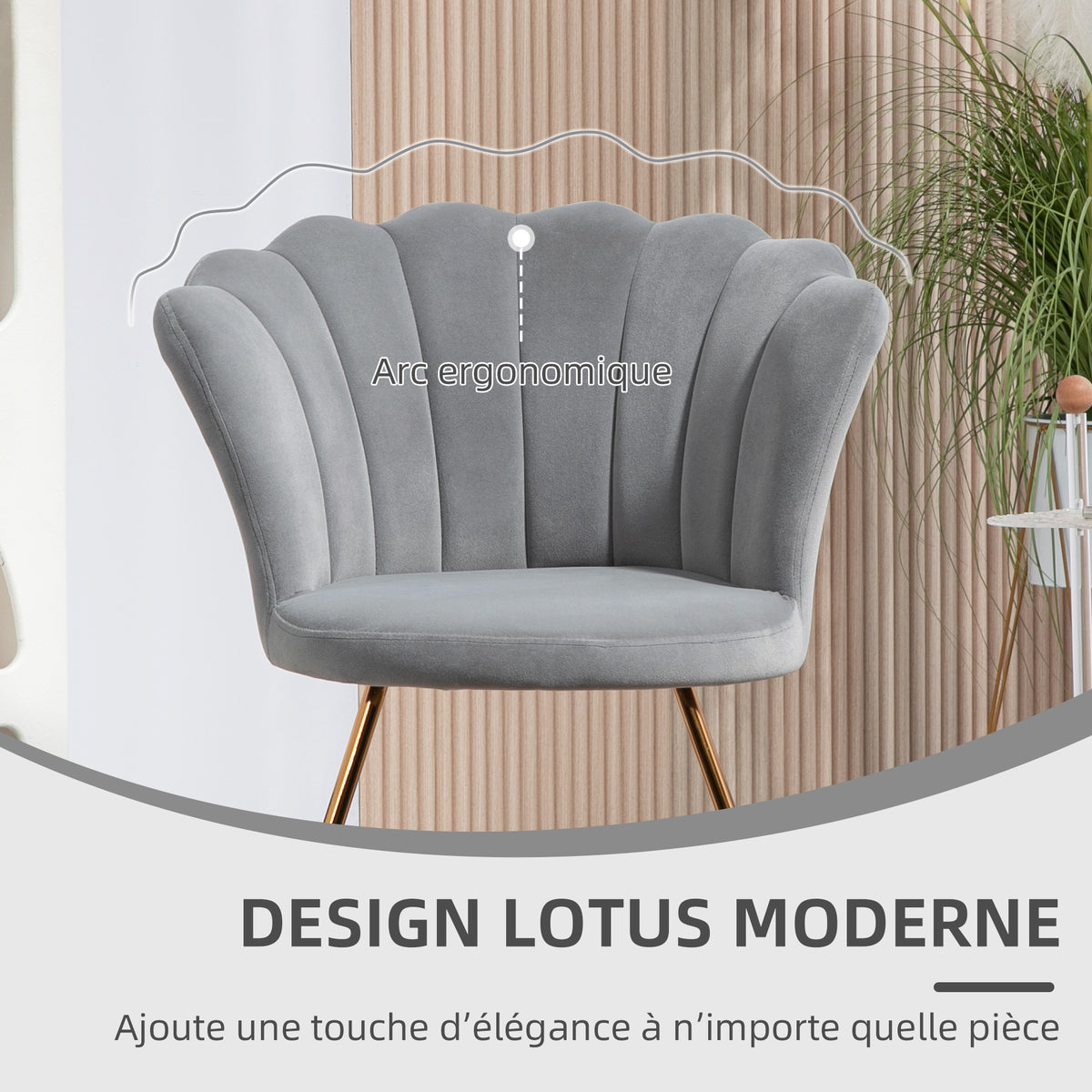Fauteuil coquillage chaise coiffeuse fauteuil en velours fauteuil de salon avec pieds en acier 69 x 64 x 80 cm gris
