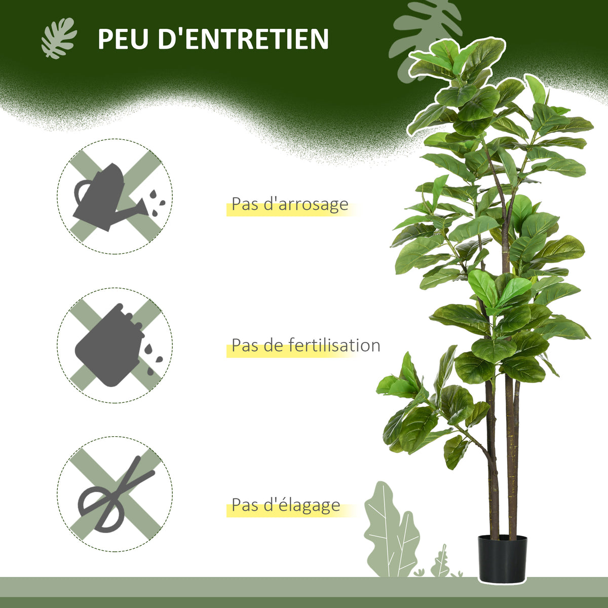 Lot de 2 plantes artificielles Figuier à feuilles de violon Ficus Lyrata hauteur 180cm avec Pot