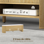 Meuble TV 140 cm, meuble télé pour téléviseur 65 pouces effet marbre 3 tiroirs façades à cannelures effet bois naturel