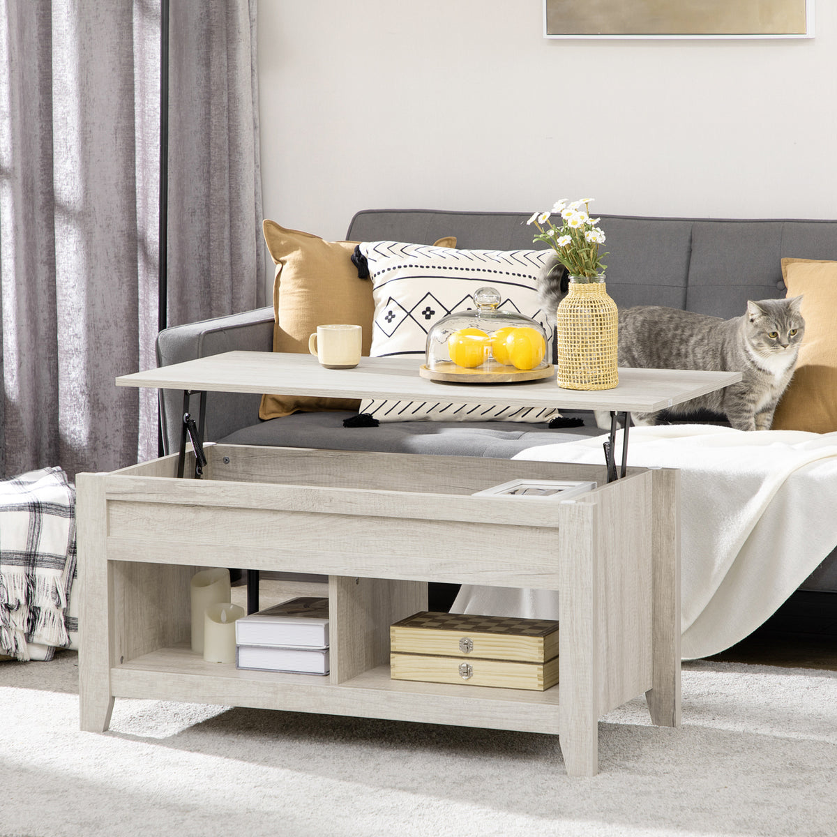 Salontafel met hefblad, woonkamertafel met planken en verborgen opbergvak, 105 x 50 x 49-62,5 cm voor woonkamer, slaapkamer, lichte eikenlook