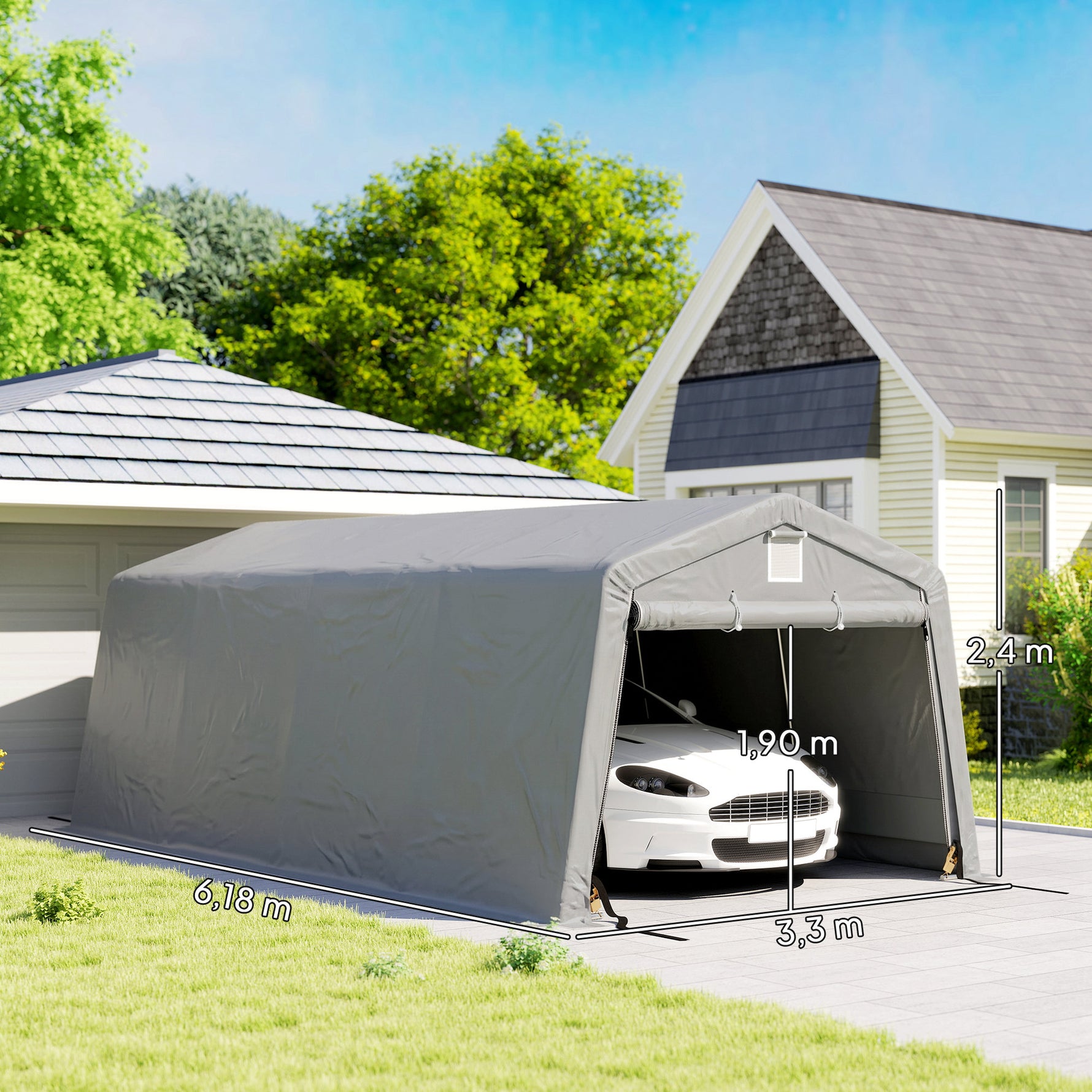 Tente garage carport dim. 6,2L x 3,3l x 2,4H m acier galvanisé robuste PE haute densité 150 g/m² imperméable anti-UV