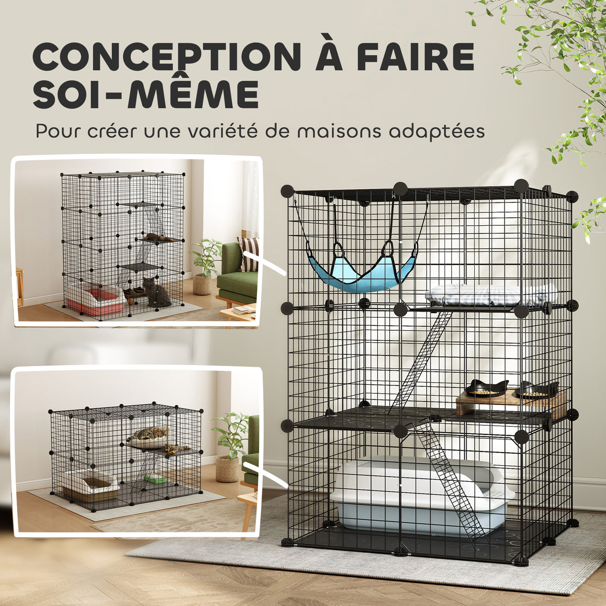Gabbia per gatti da interno Recinto per gatti modulabile 3 porte Amaca Scaletta per piccoli animali domestici 70x70x105cm Nero
