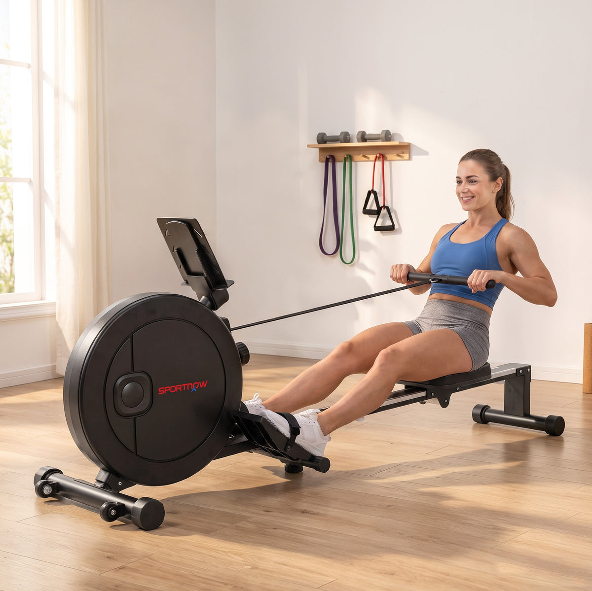 Klappbares Rudergerät für das Heimtraining, 16 Widerstandsstufen, App, LCD-Display, Tablethalterung, 180x50x75cm, Schwarz