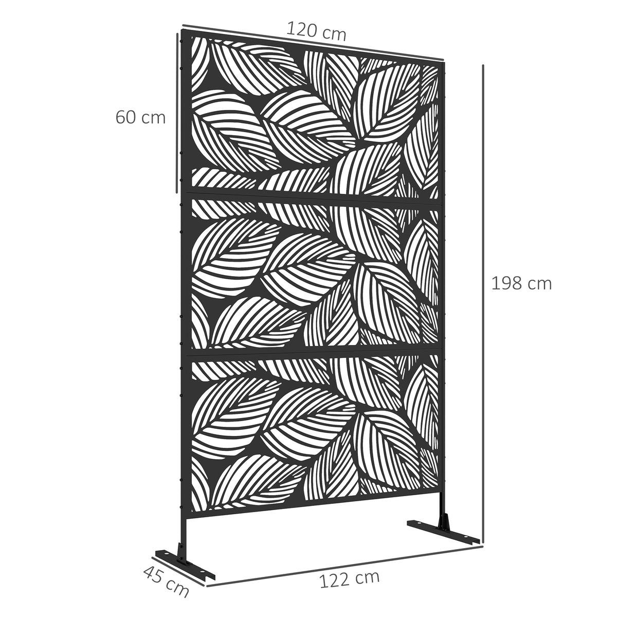 Panneau brise vue décoratif paravent extérieur noir à motif végétal en acier - 122 x 45 x 198 cm, noir