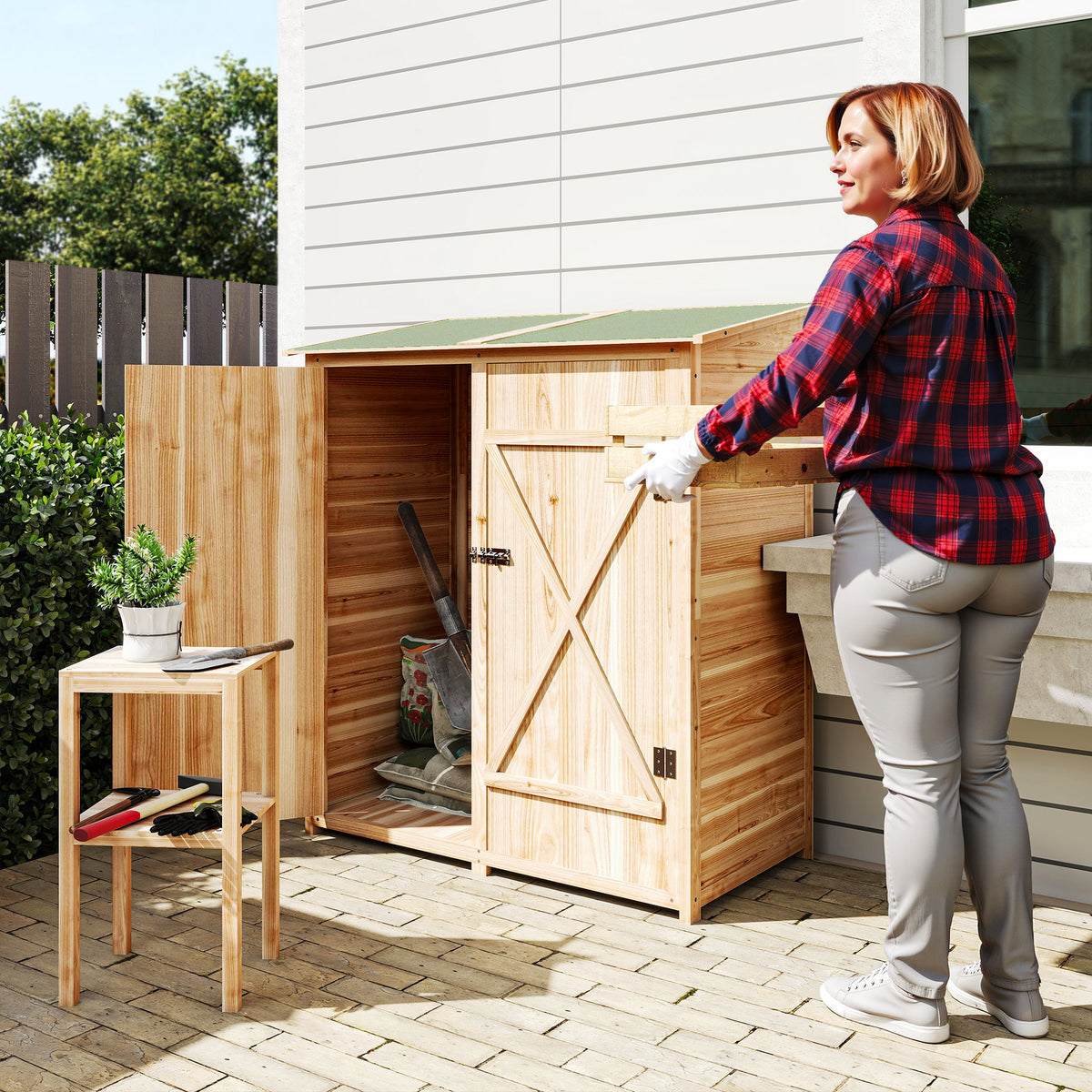 Abri de jardin en bois armoire de jardin en bois avec table, toit en asphalte, 140 x 75 x 157 cm, effet bois naturel
