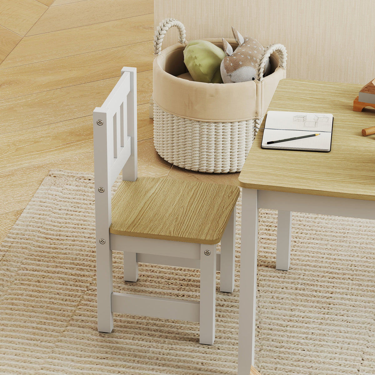 Table enfant avec chaise, lot table et 2 chaises enfant en bois pour dessiner, jouer, étudier, 56x52x48cm, bois naturel