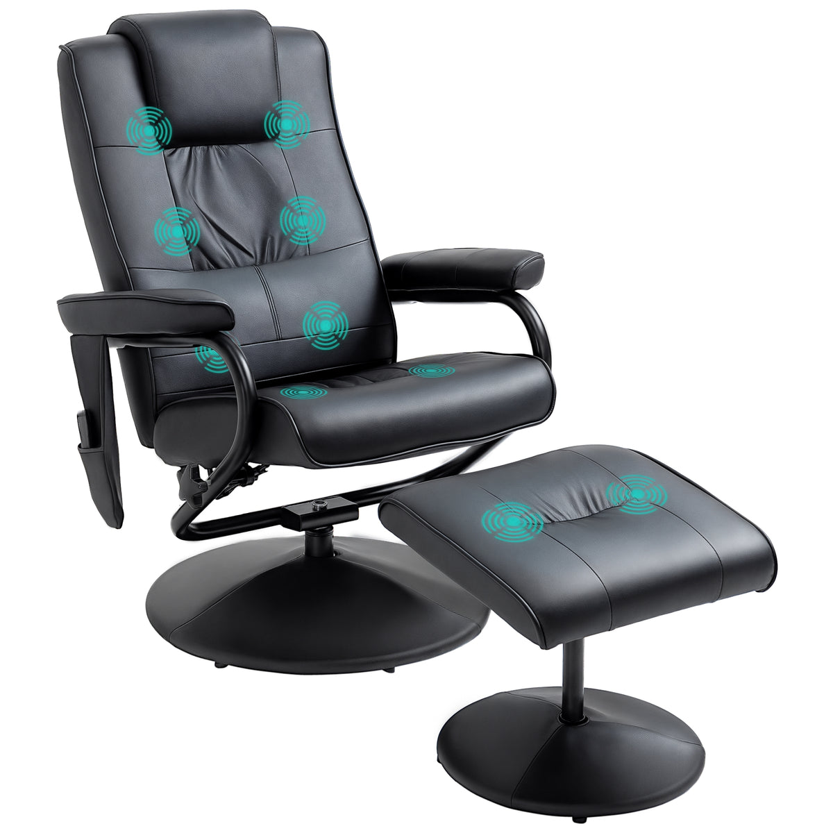 Elektrische, draaibare en verstelbare massage- en relaxfauteuil met voetensteun, bekleed met zwart kunstleer