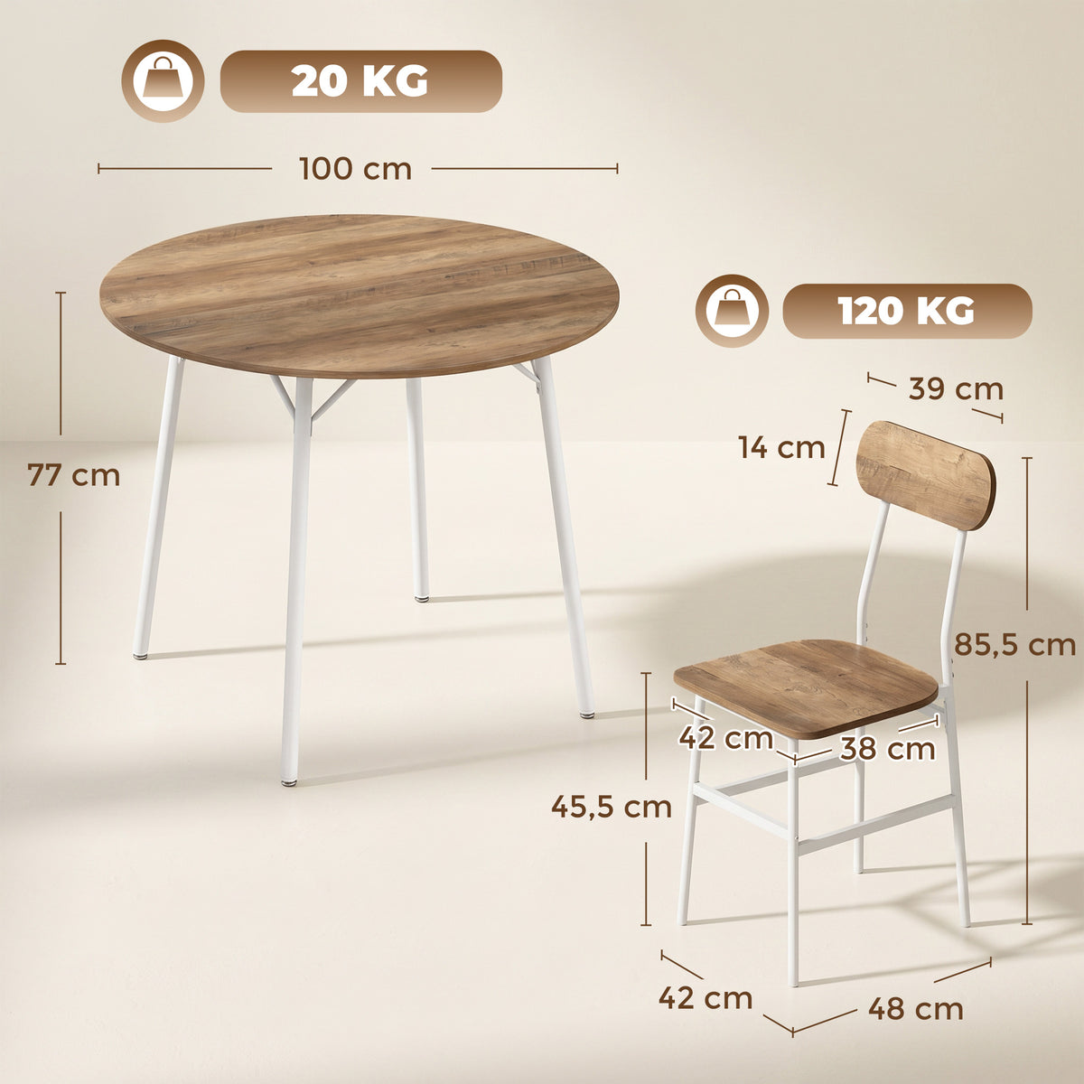 Ensemble table salle à manger avec 4 chaises, table de cuisine avec chaises pour 4 personnes, cadre en métal, naturel