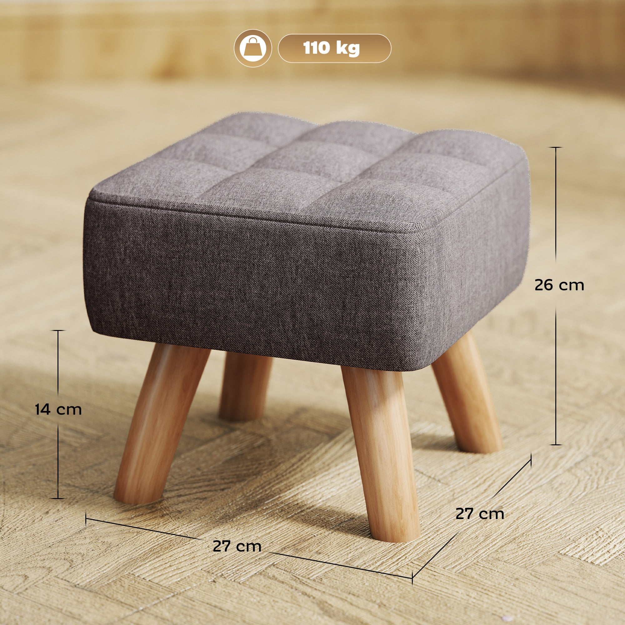 Repose pied salon ottoman siège rembourré en tissu avec pieds en bois 27 x 27 x 26 cm gris