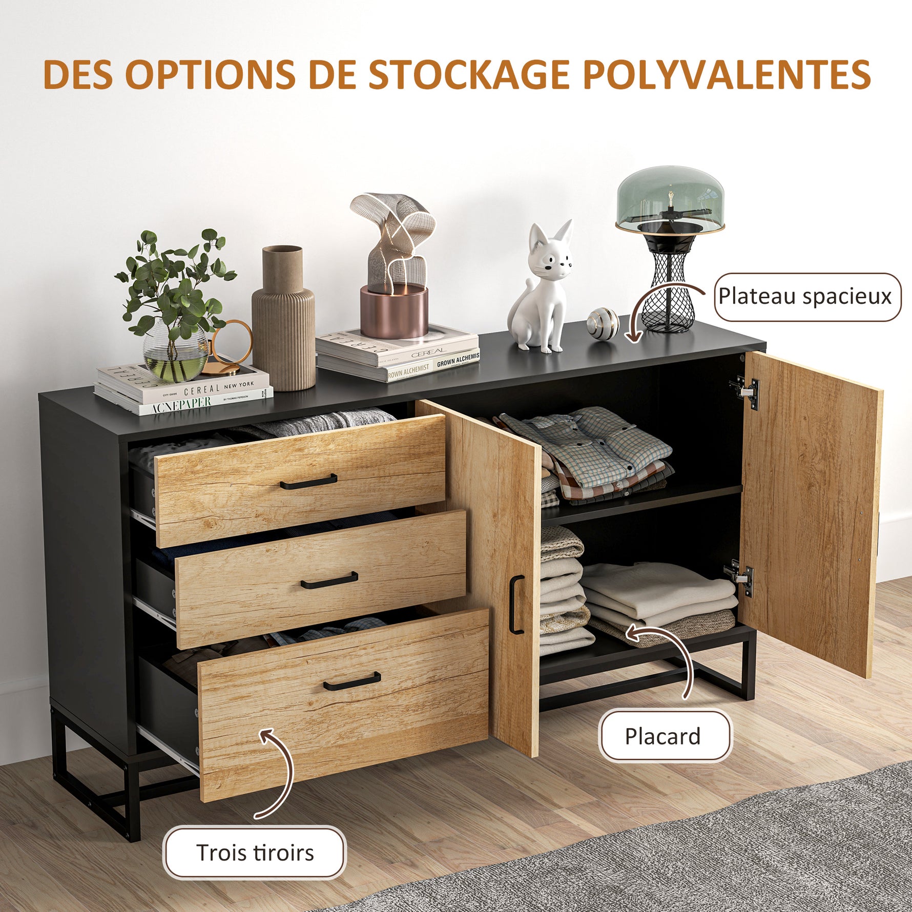 Buffet salon meuble de rangement avec 3 tiroirs et étagère réglable, pieds en acier, poignées en alliage d'aluminium